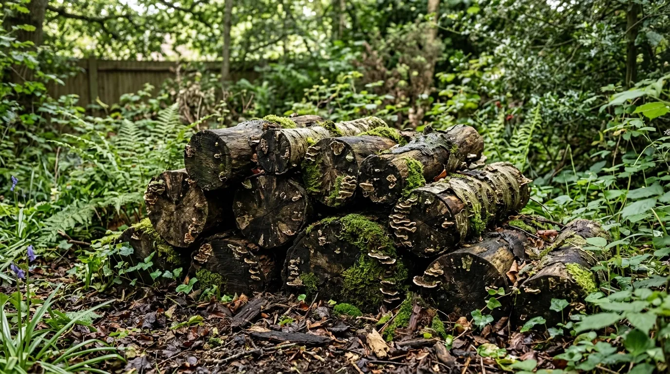 Log pile habitat with half-buried rotting logs supporting beetles in a UK wildlife garden