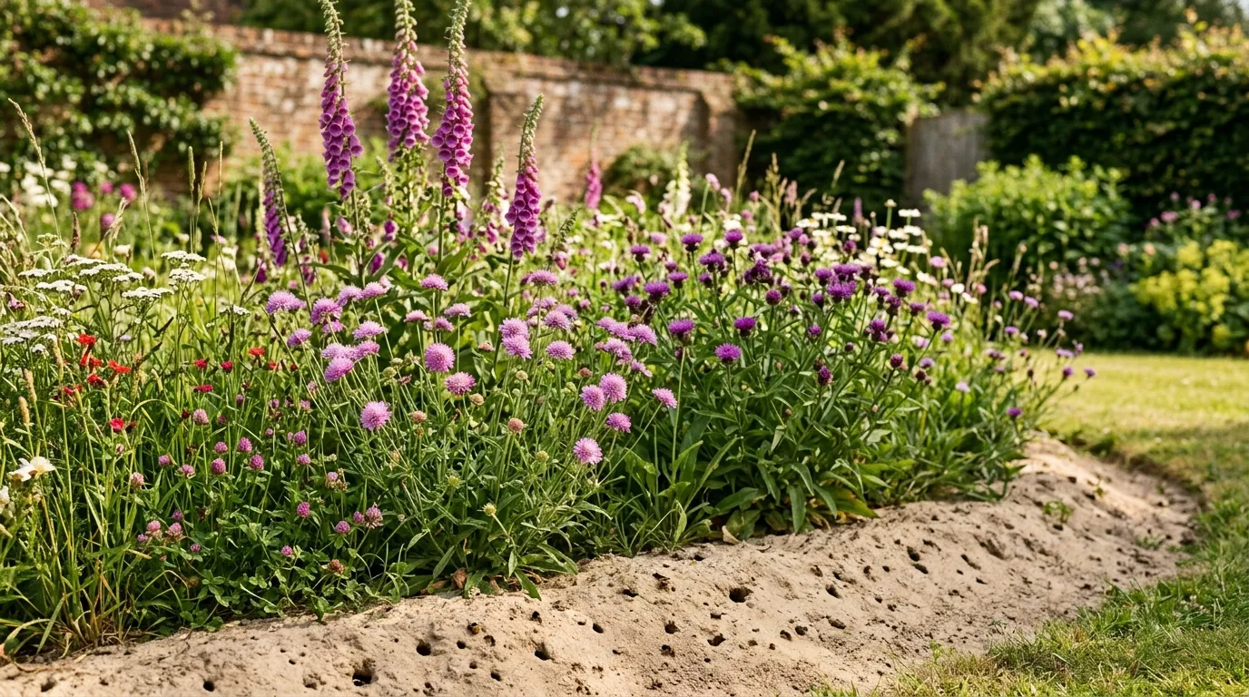 Bare sand bank for solitary mining bees beside a sunny native flower border in a UK garden