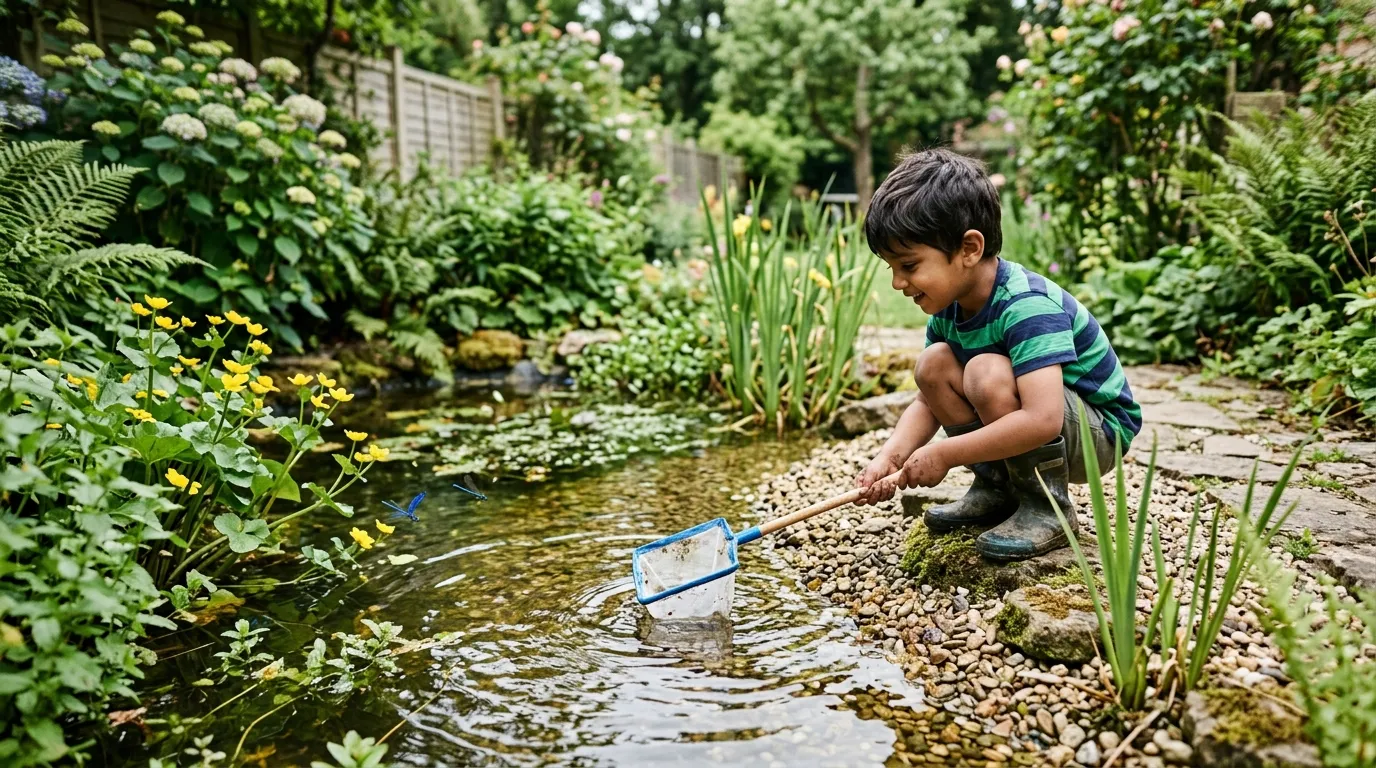 Small wildlife pond with a shallow shelf and a child pond-dipping in a Surrey suburban garden