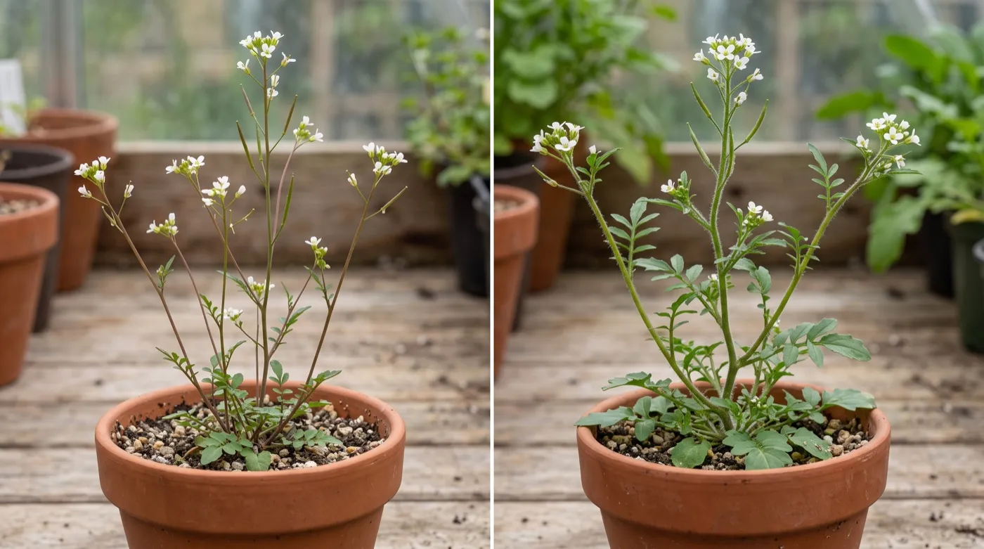 Hairy bittercress and wavy bittercress growing side by side for identification