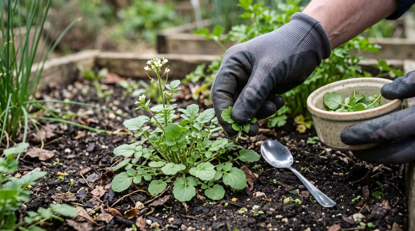 A gloved hand picking young hairy bittercress leaves into a small bowl beside the plant