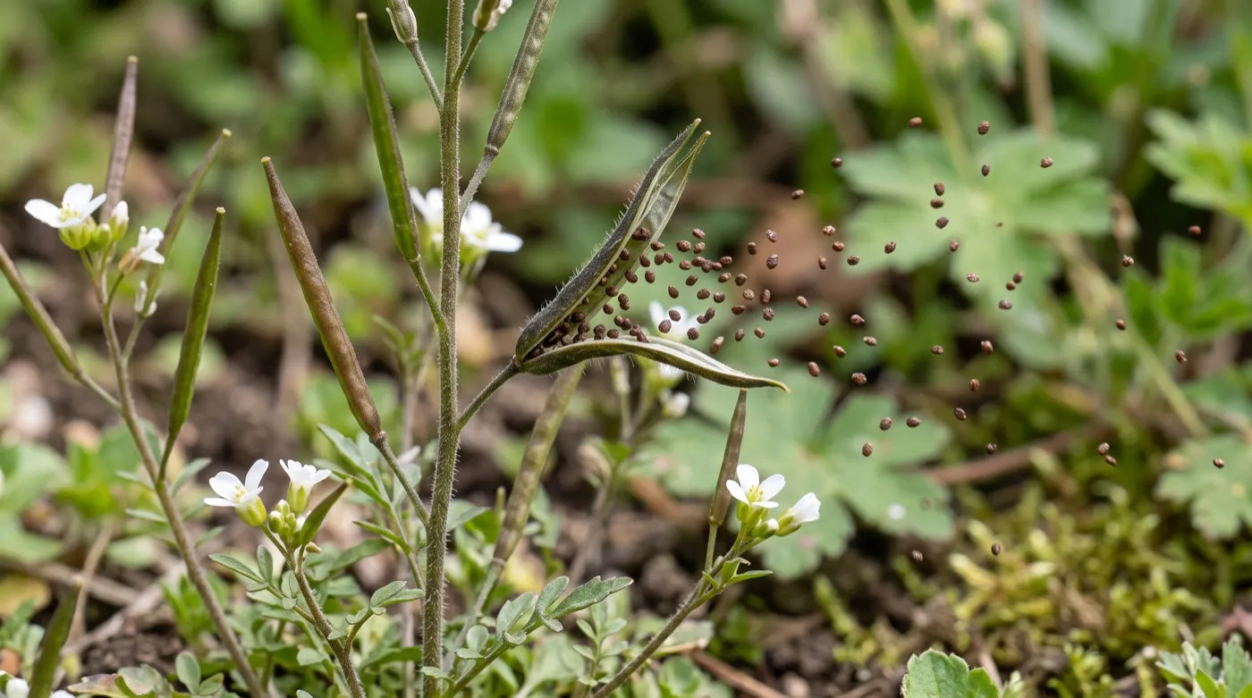 Extreme close-up of ripe hairy bittercress seed pods, some sprung open and curled after exploding to fling their seeds