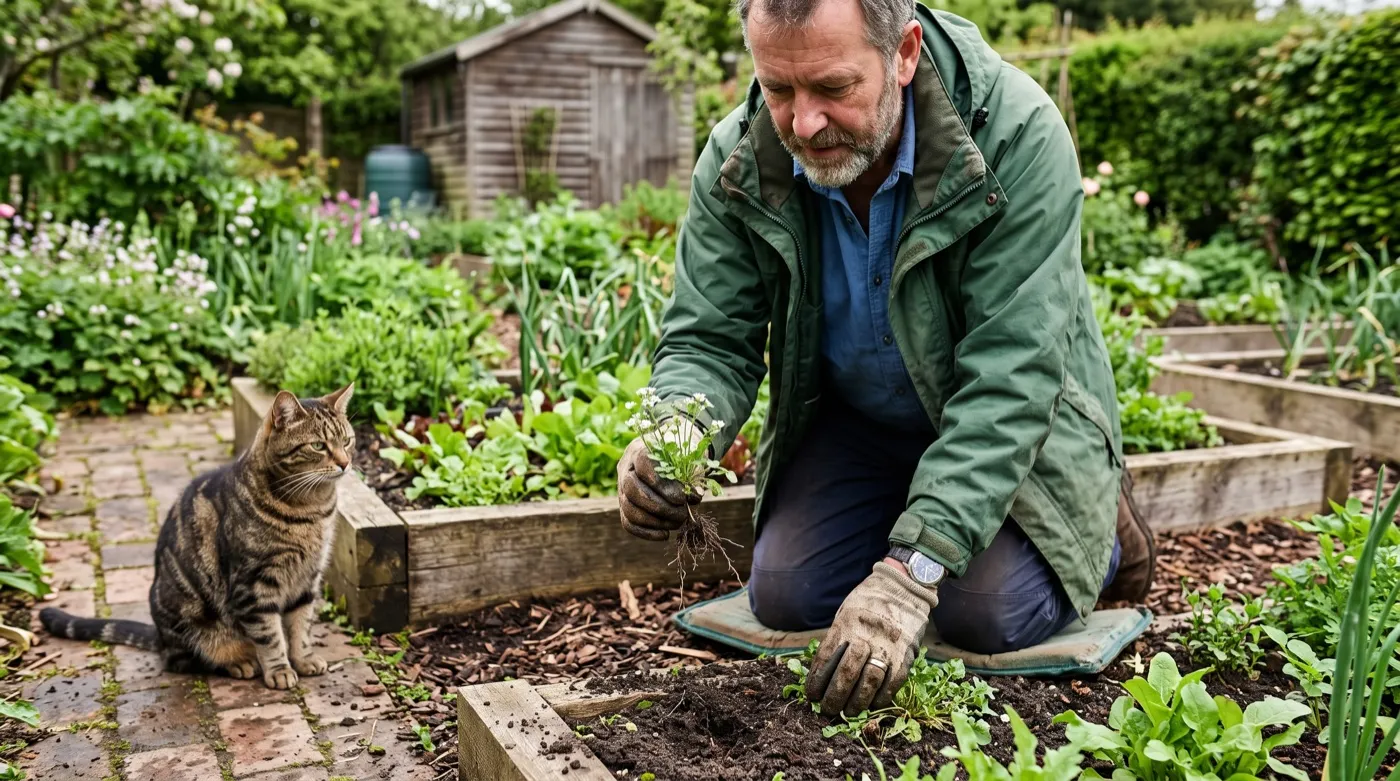 A gardener lifting a shallow-rooted hairy bittercress plant from a raised bed while a tabby cat watches