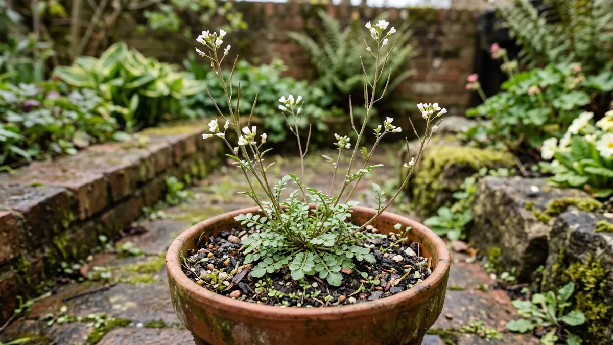 Hairy bittercress Cardamine hirsuta with a small rosette, tiny white flowers and slender seed pods in a pot