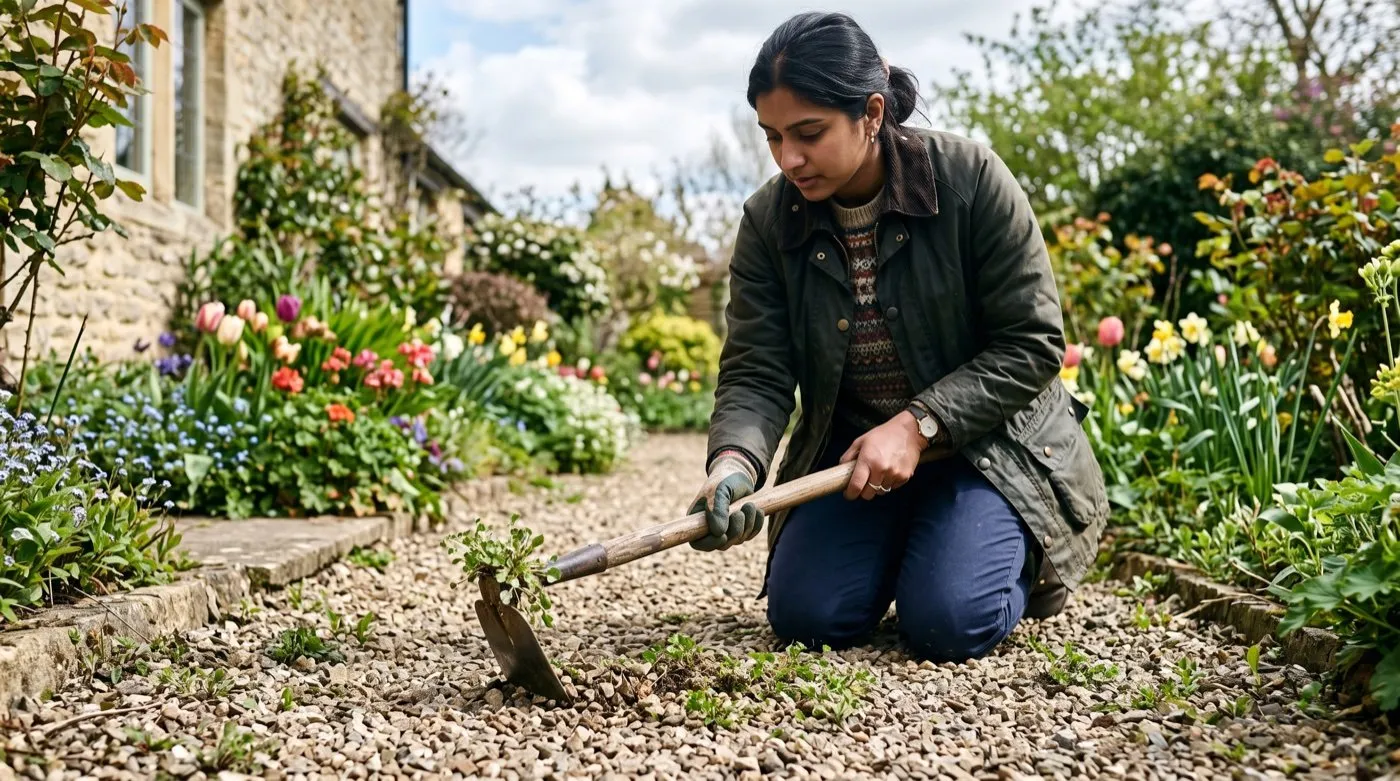 A gardener running a hoe across gravel to slice off young hairy bittercress seedlings in spring
