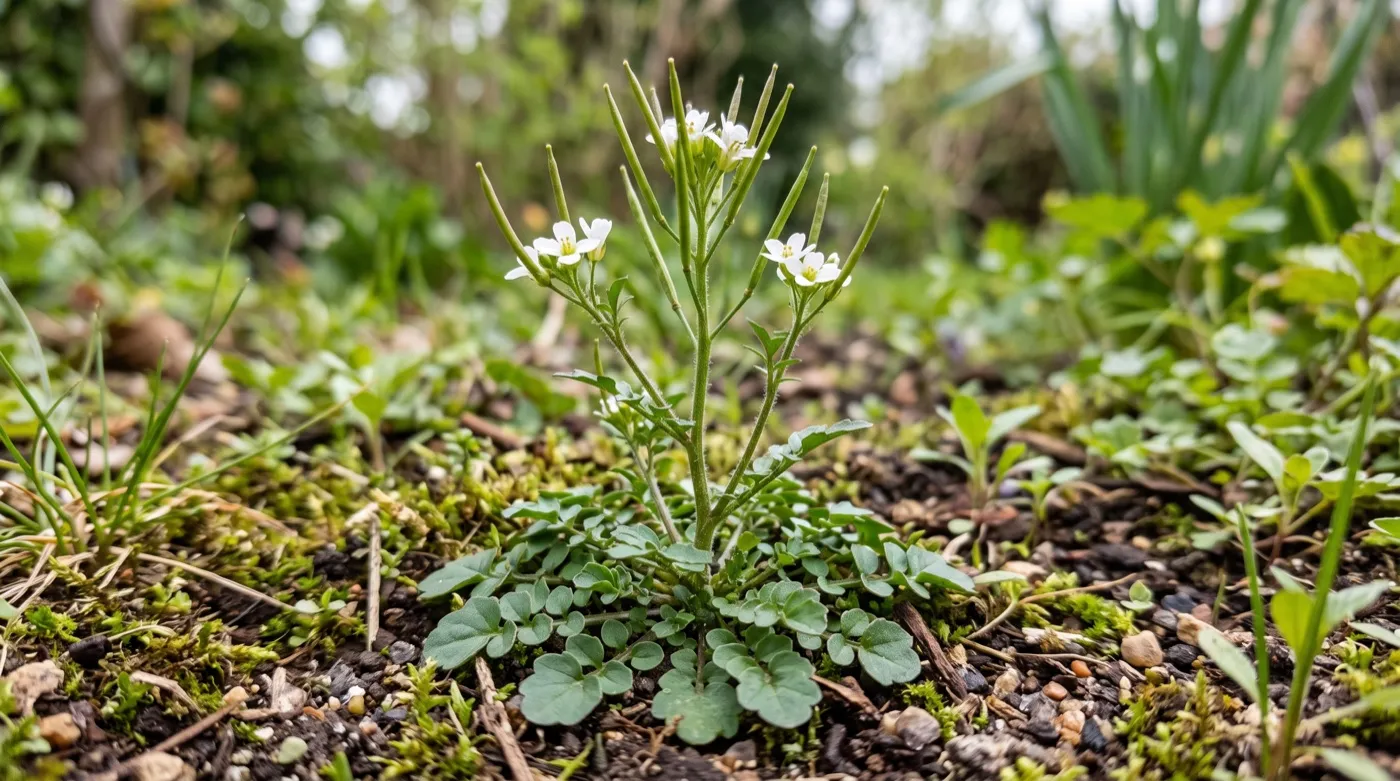 Close-up of a hairy bittercress rosette showing pinnate leaves, tiny white four-petalled flowers and upright seed pods