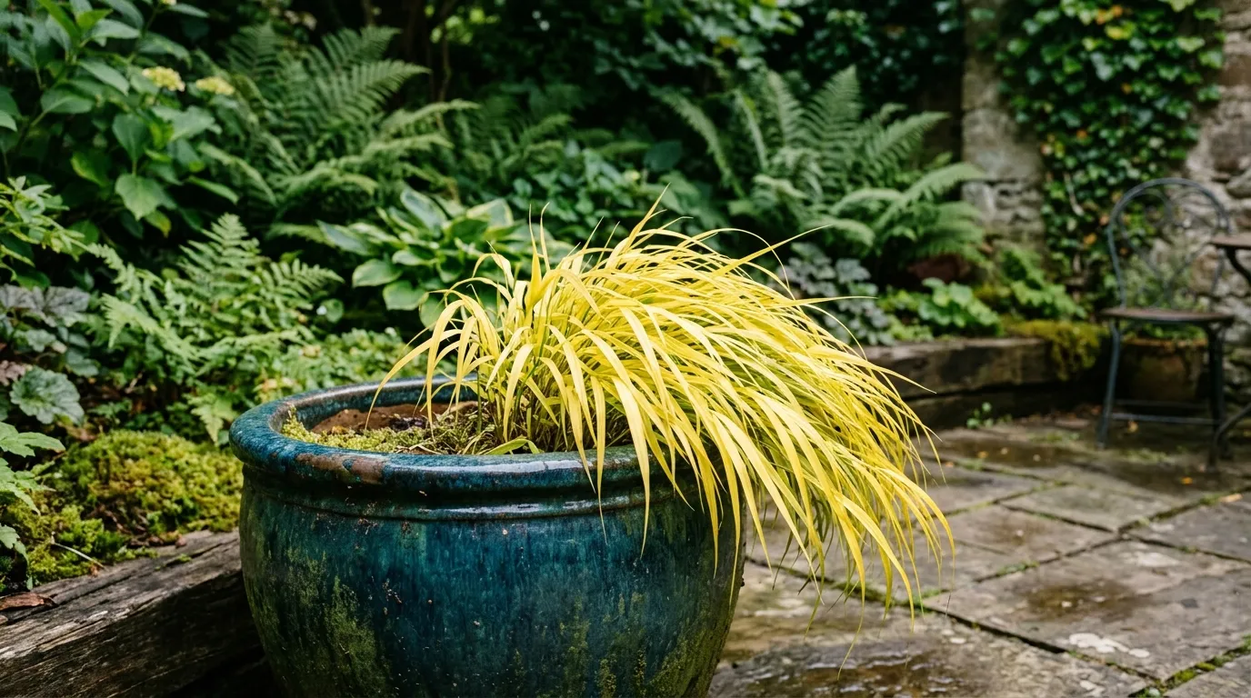 Hakonechloa All Gold growing in a container on a UK patio with cascading golden foliage