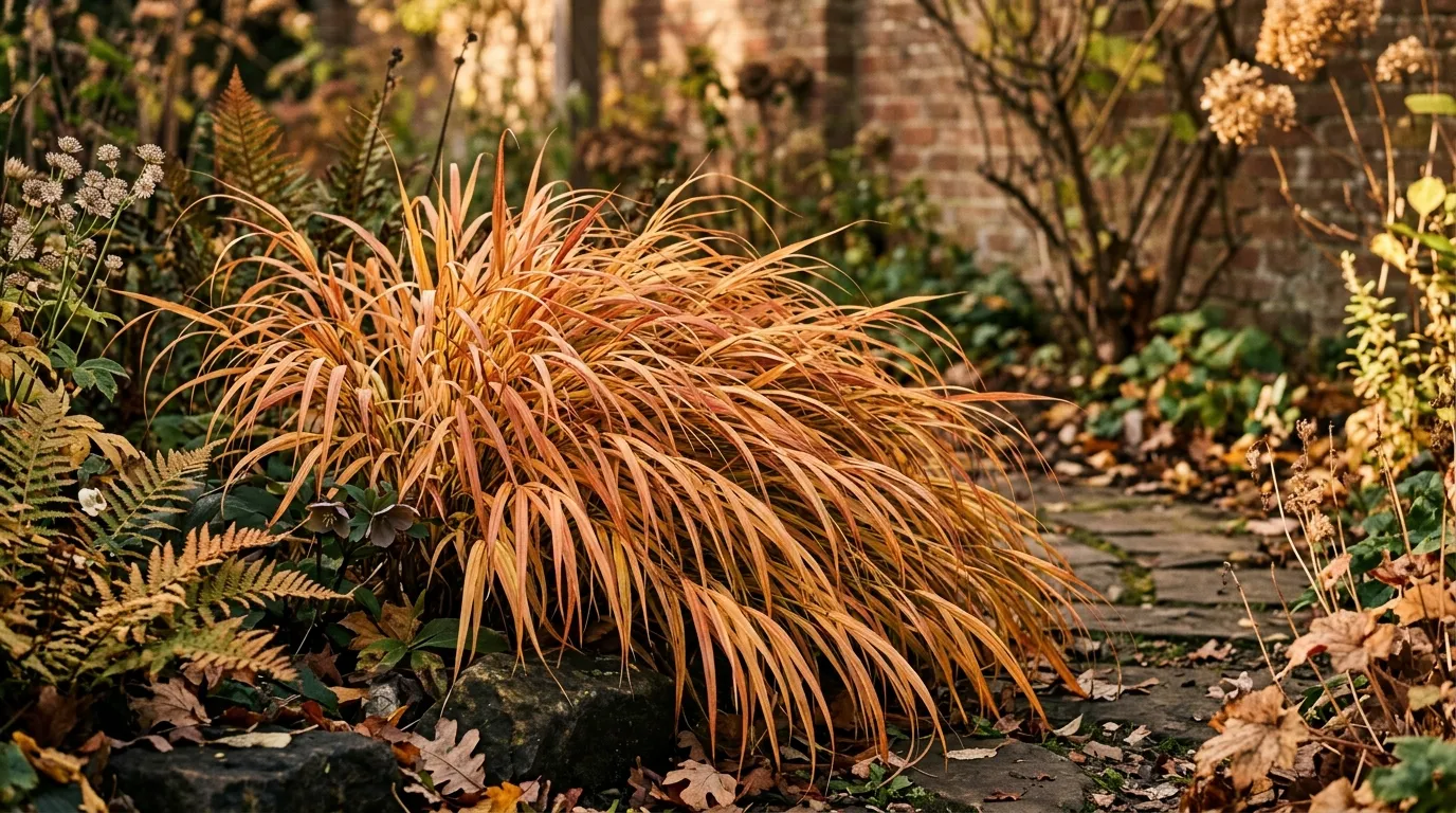 Hakonechloa foliage displaying bronze and red autumn colour in a UK garden
