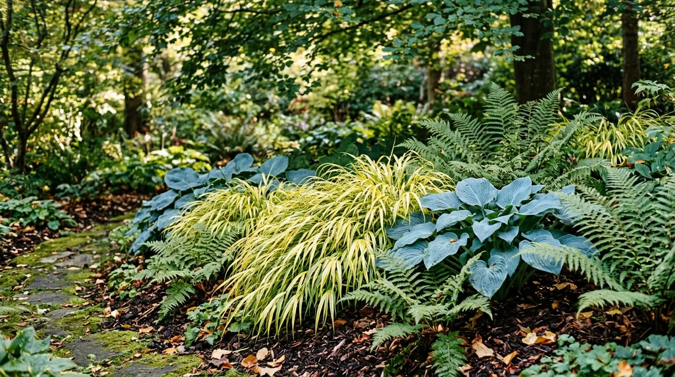 Hakonechloa planted alongside hostas and ferns in a shaded UK woodland border