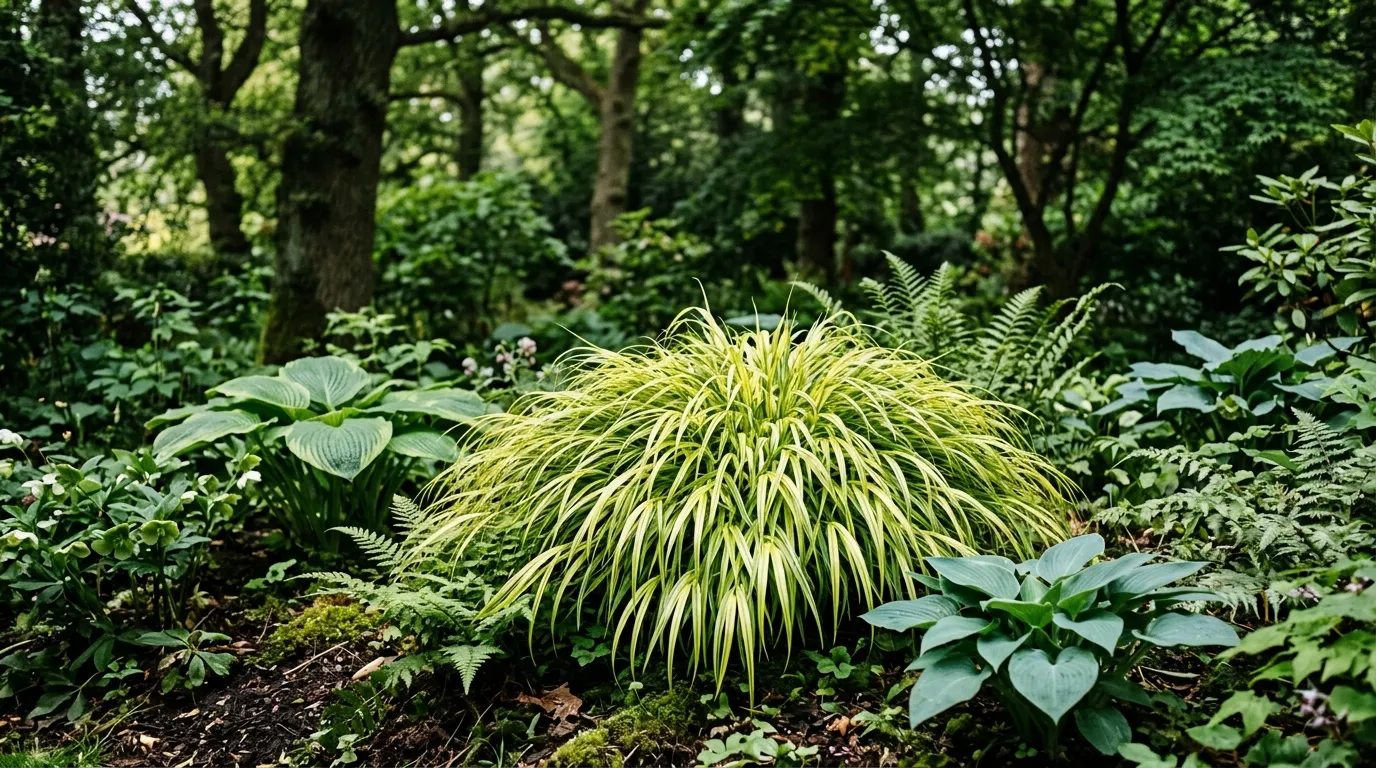 Hakonechloa hakone grass with golden arching foliage growing in a shaded UK garden border