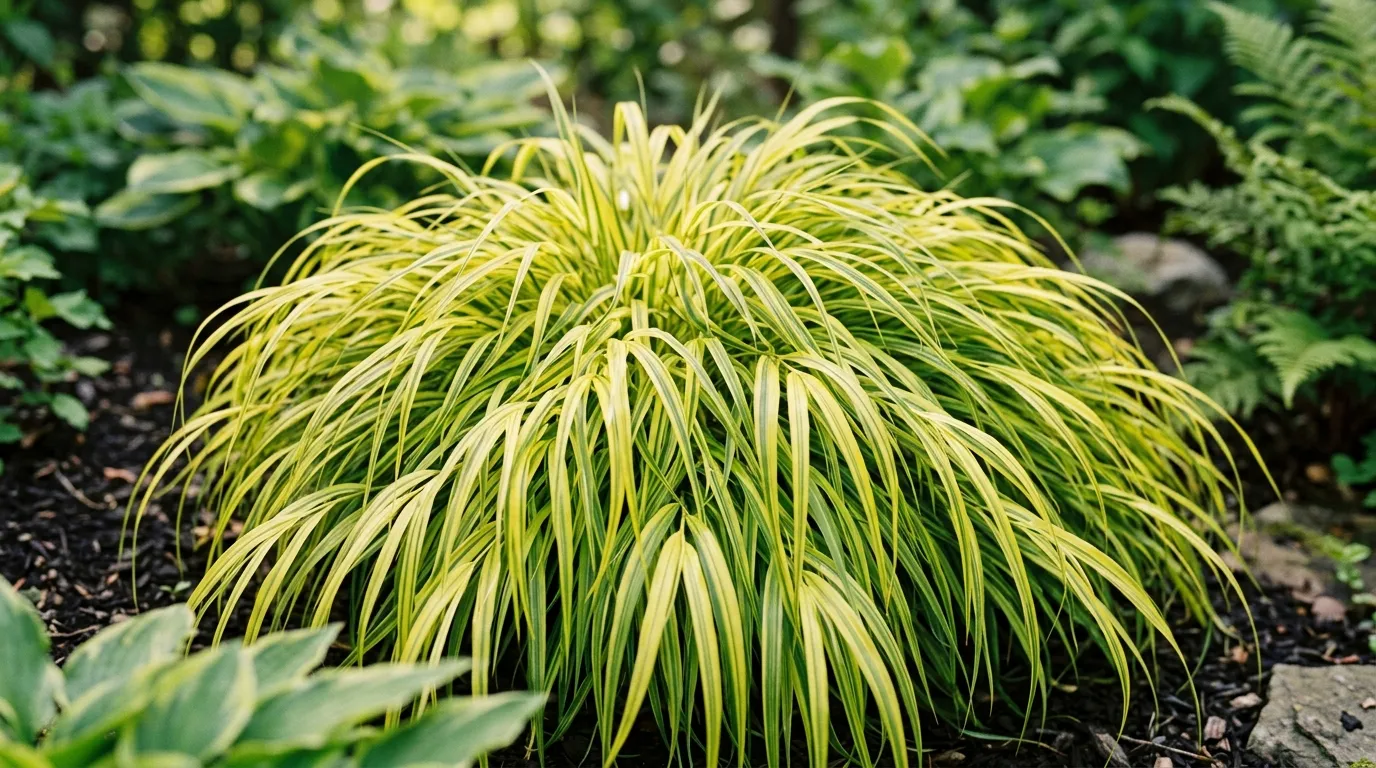 Hakonechloa macra Aureola golden arching foliage catching dappled light in a garden