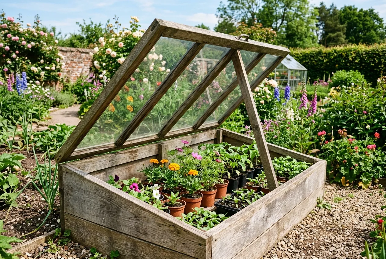 Half-hardy annuals hardening off in a cold frame in a UK garden during May