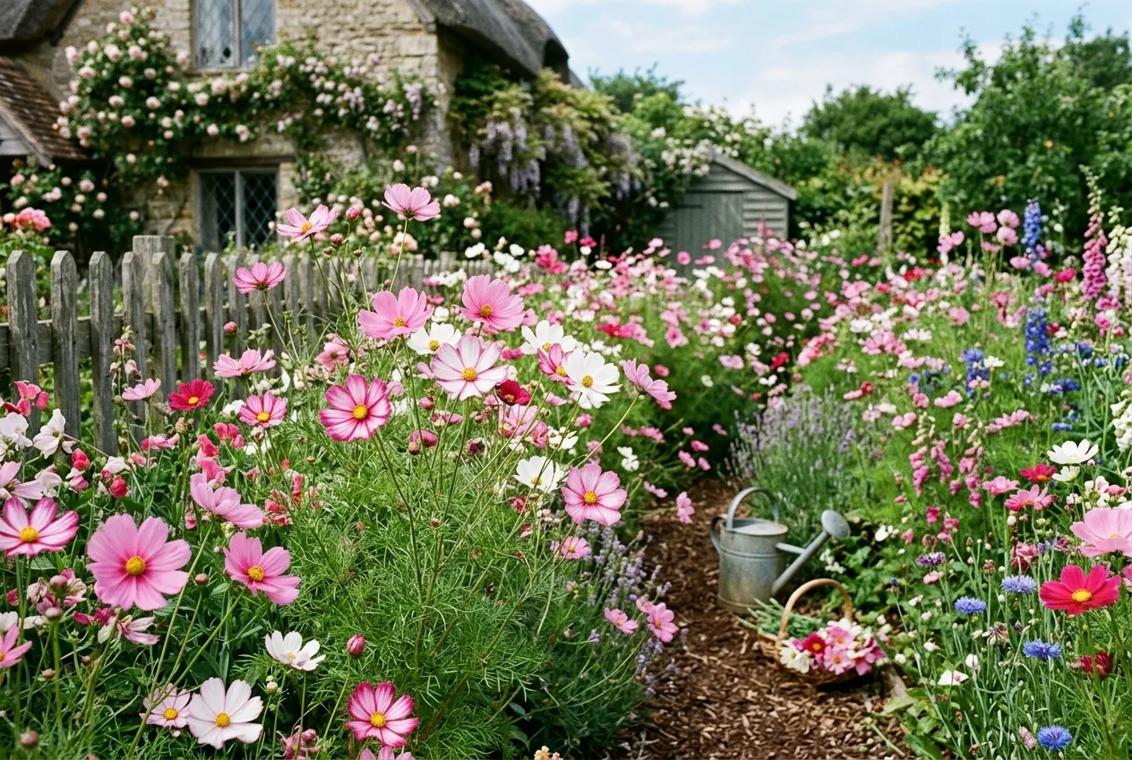 Cosmos bipinnatus with pink and white flowers growing in a UK summer cutting garden