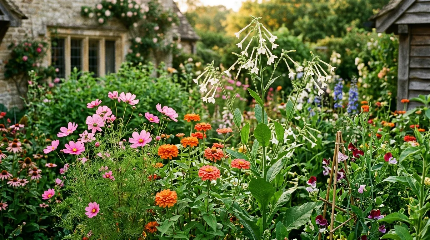 Colourful half-hardy annuals including cosmos and zinnias flowering in a sunny UK cottage garden border