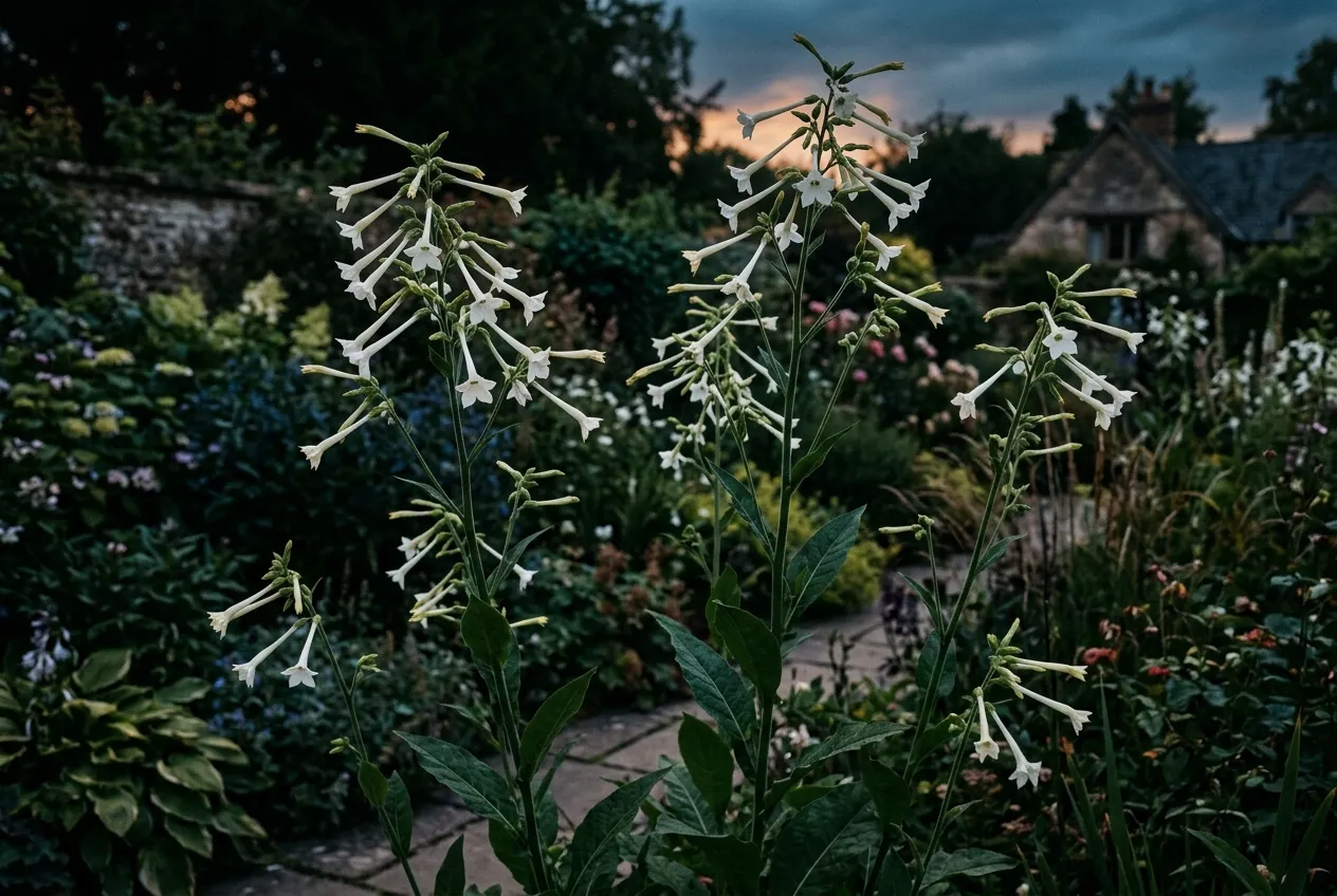 Tall Nicotiana sylvestris flowering in a UK evening garden with white trumpet blooms