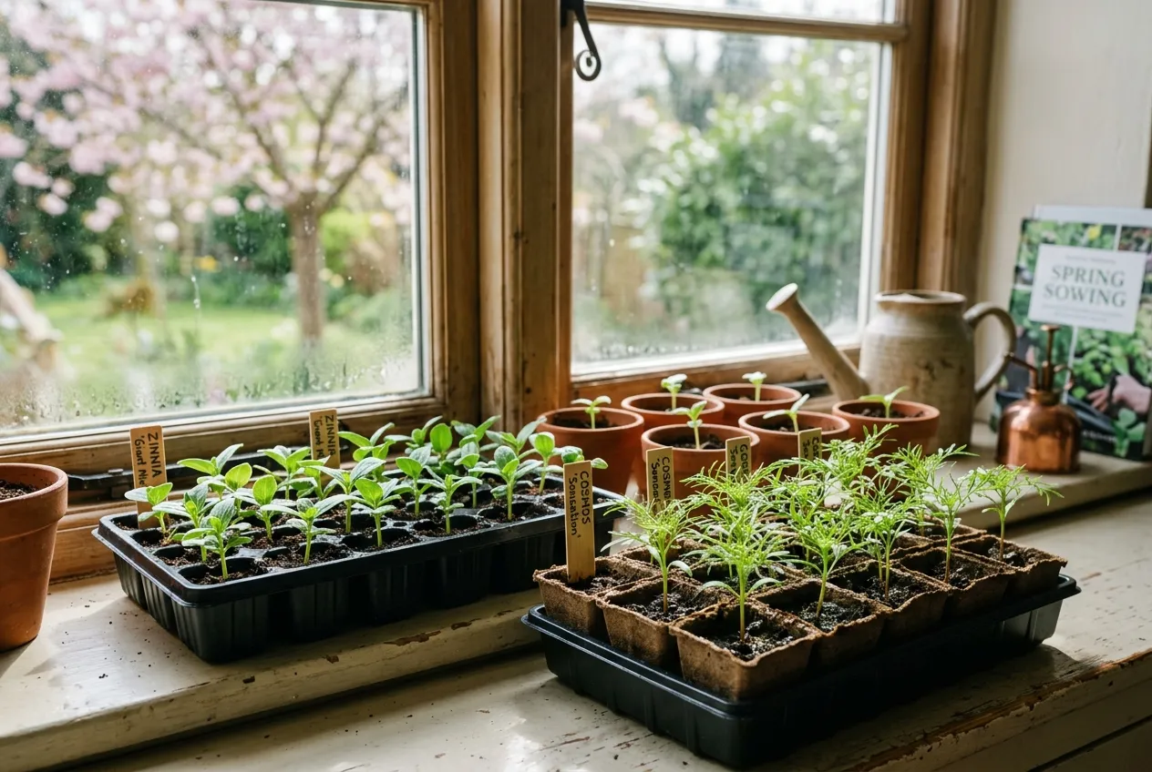 Half-hardy annual seedlings growing on a bright windowsill in spring ready for hardening off