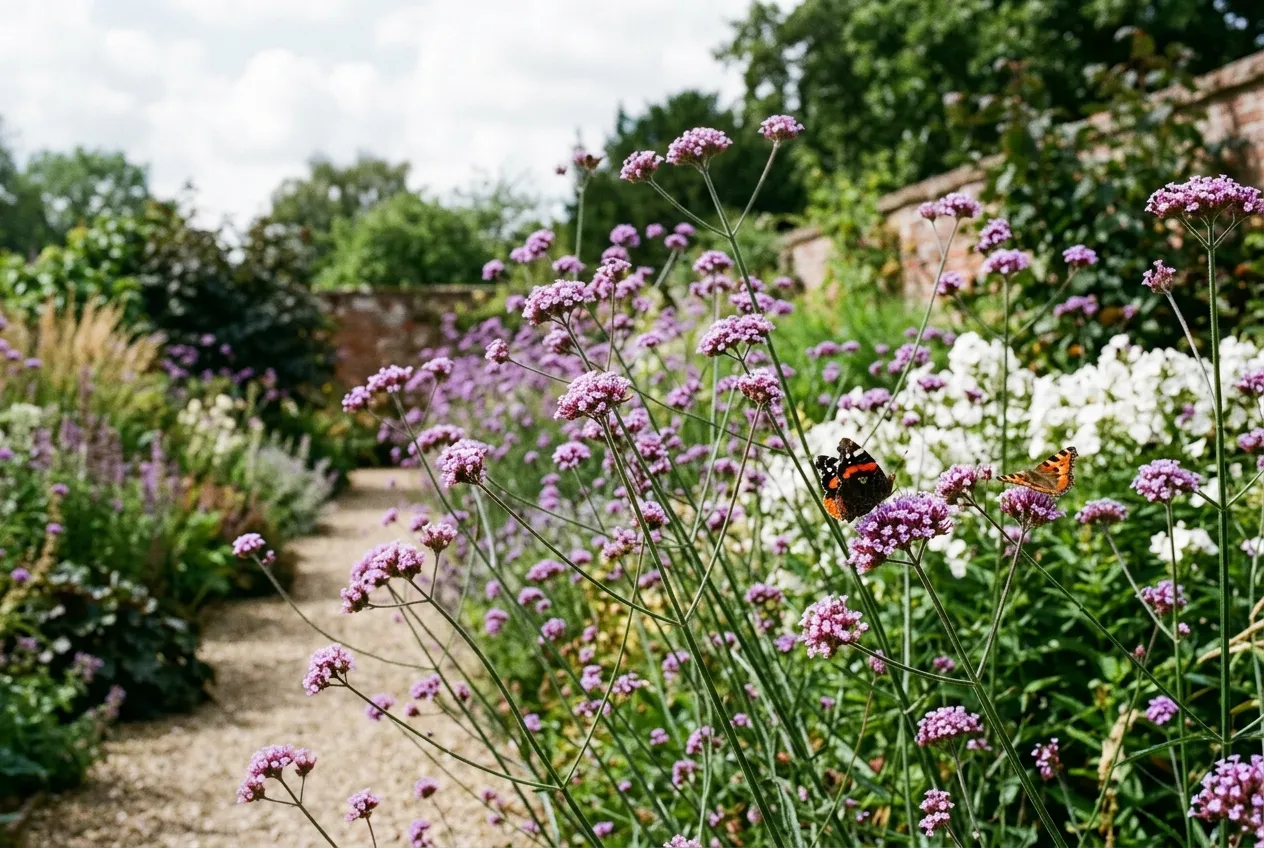 Verbena bonariensis with purple flower clusters growing in a UK garden border