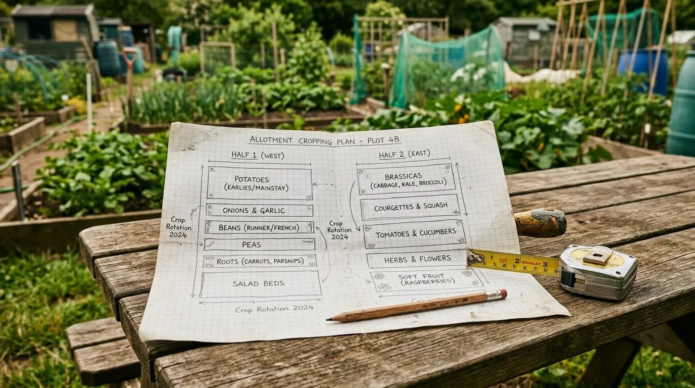 Hand-drawn UK allotment cropping plan on graph paper showing two halves of a plot with different crops marked, pencil and tape measure on a wooden picnic table