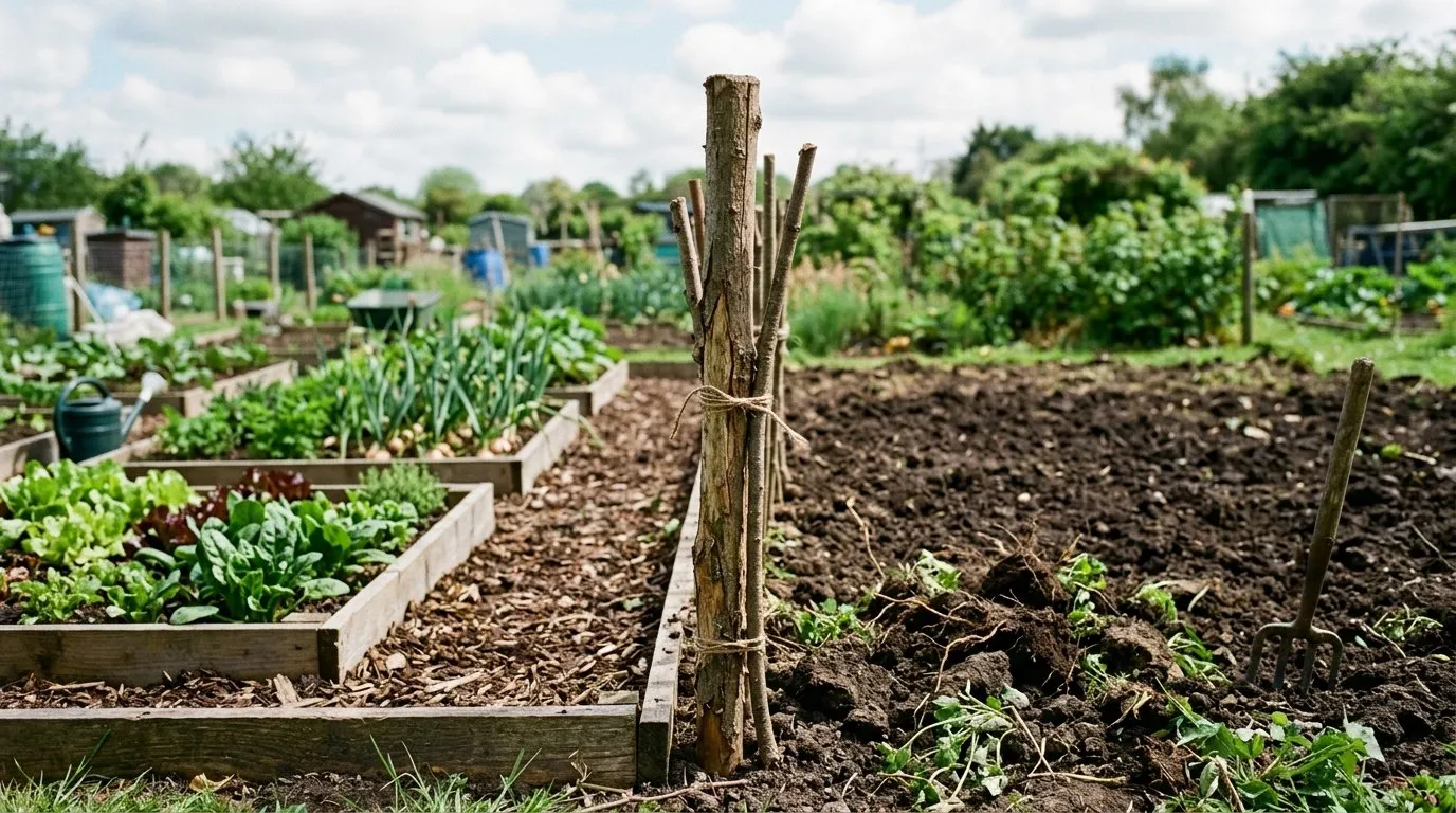 Hazel-stick boundary marker between two halves of a UK allotment plot with one side neat raised beds and the other freshly cleared earth