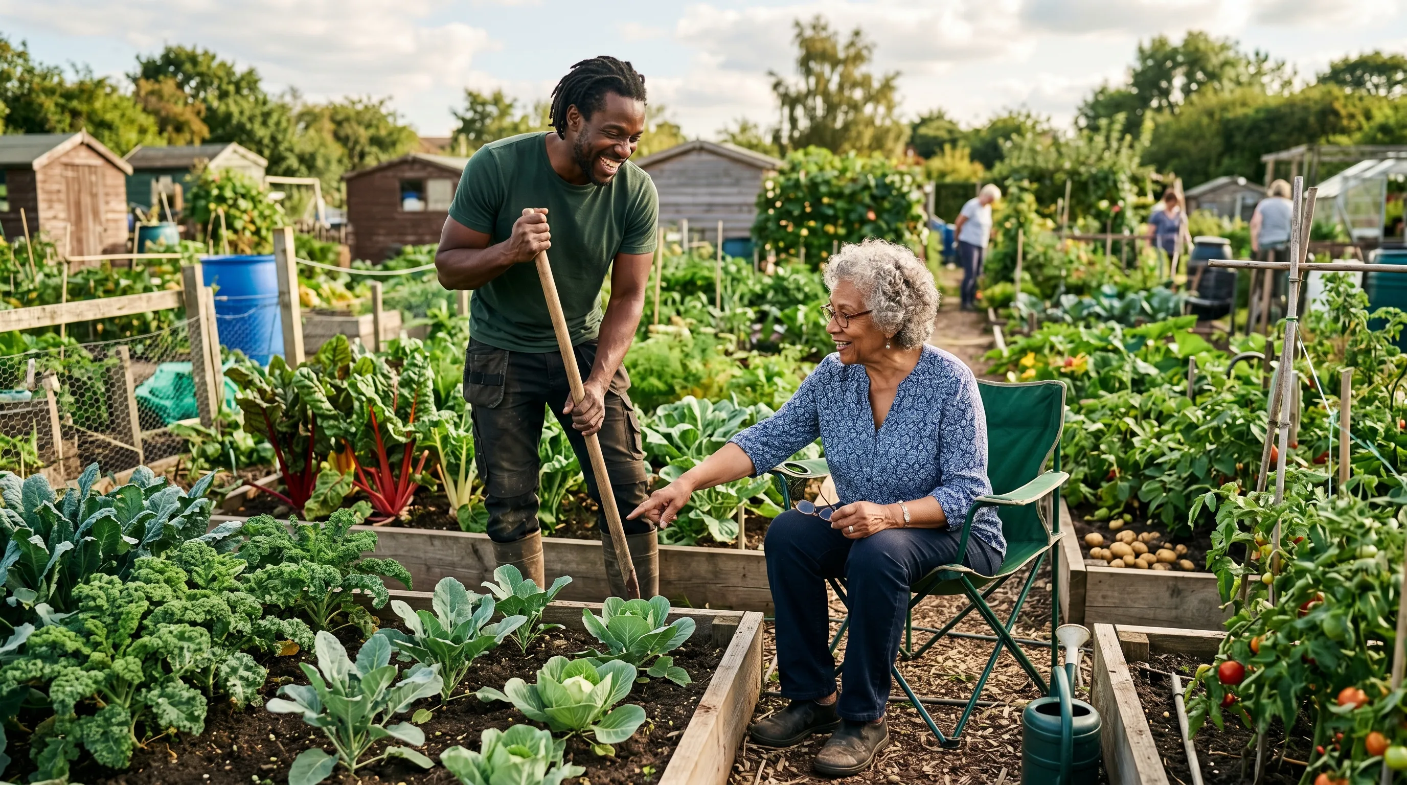 A Black UK gardener and an older grandmother of mixed heritage sharing an allotment half plot in summer with the grandmother sat on a folding chair pointing at a row of brassicas while the younger gardener stands holding a hoe and laughing, sunny afternoon