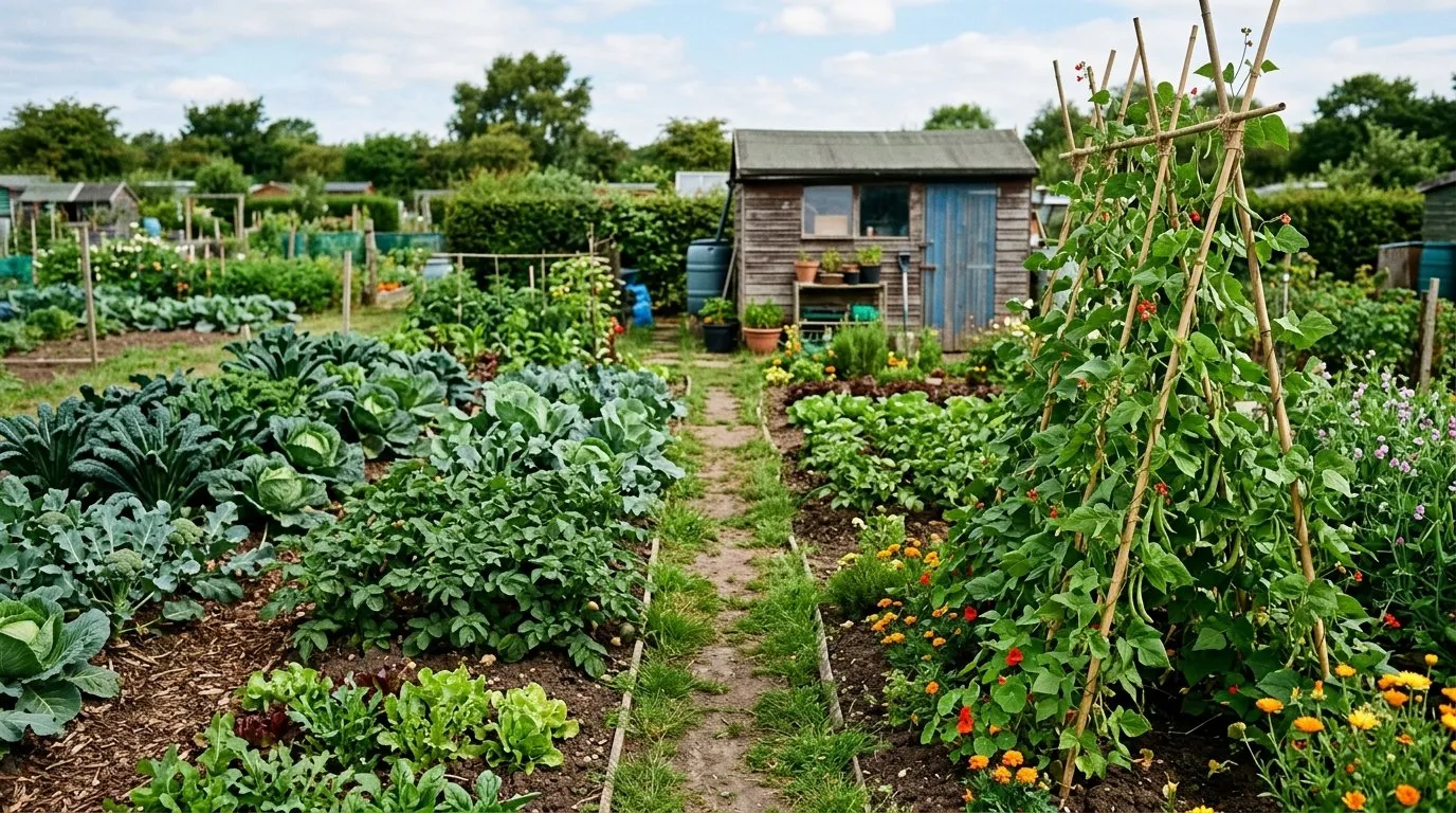 UK half-plot allotment in midsummer with both halves productive showing brassicas potatoes salad leaves and a runner-bean wigwam