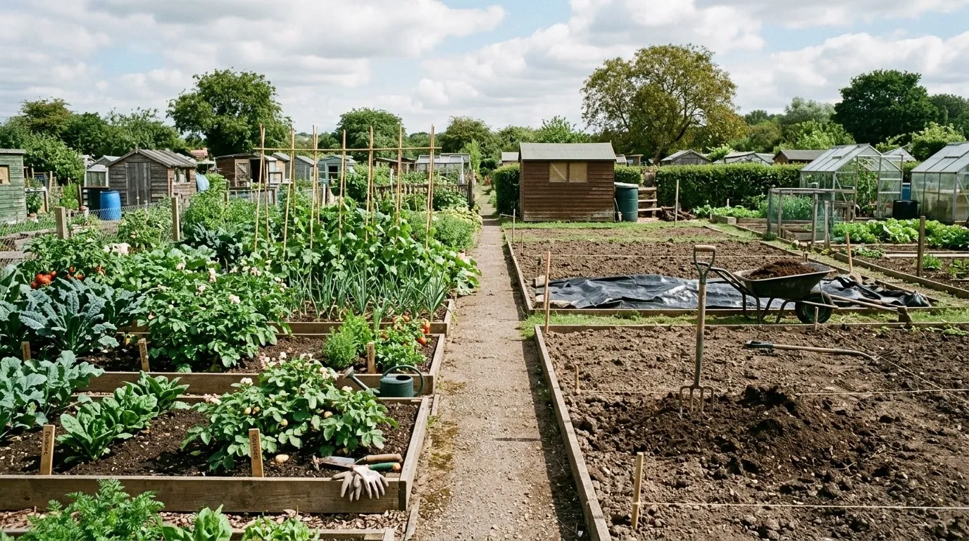 UK allotment plot with a clear divider down the middle separating two halves with one side cultivated raised beds and the other a half plot in early prep