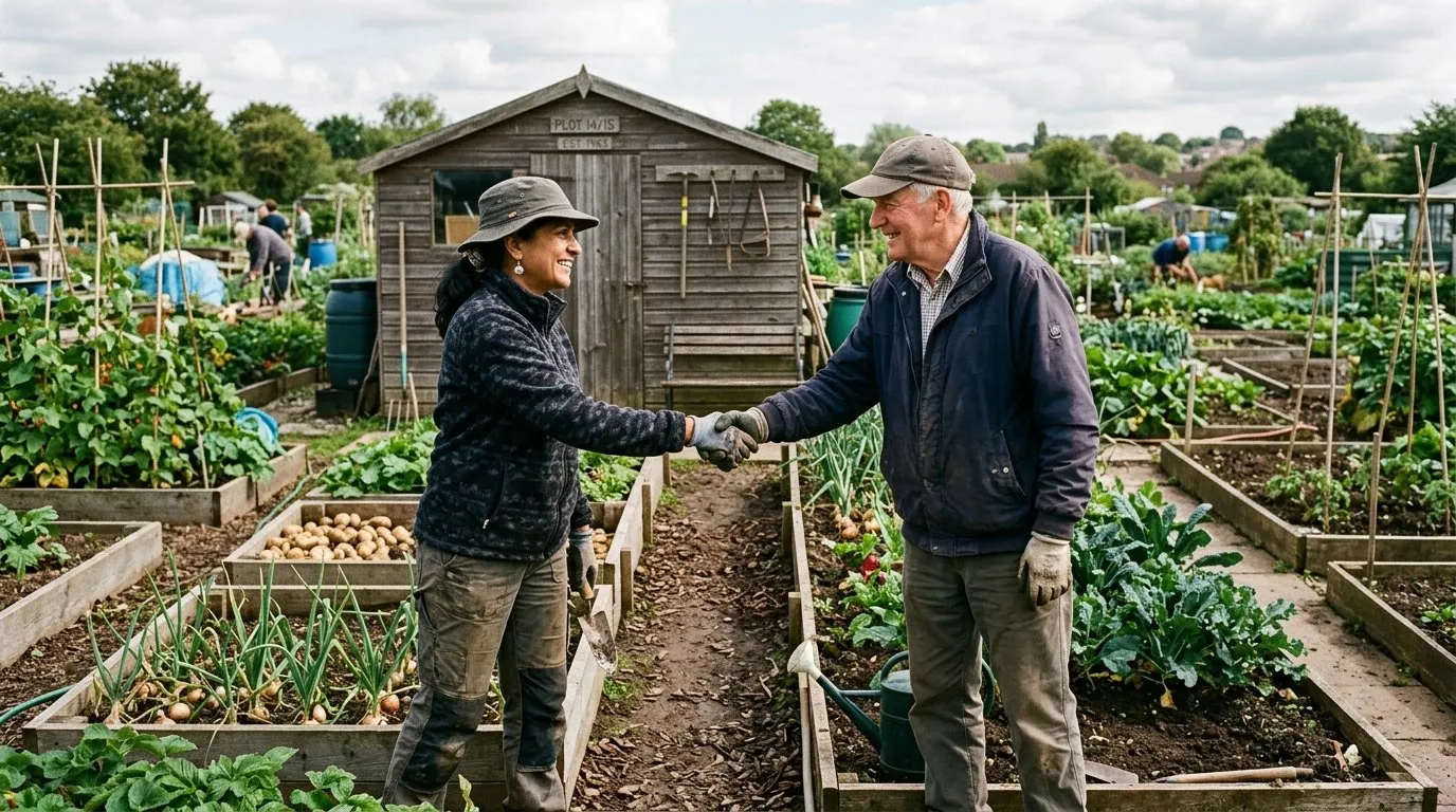Two UK allotment holders shaking hands over a divided plot agreeing to share the plot with allotment shed and raised beds visible