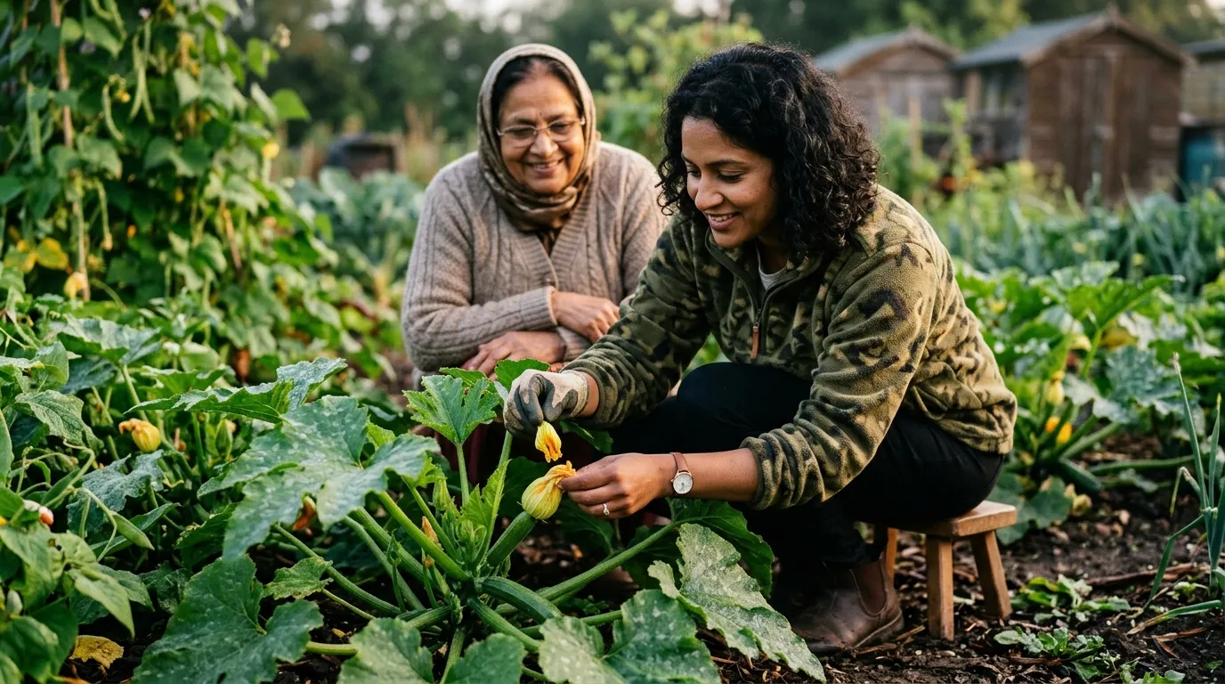 A gardener stripping a male courgette flower of petals and dabbing it onto a female flower at dawn in a UK kitchen garden
