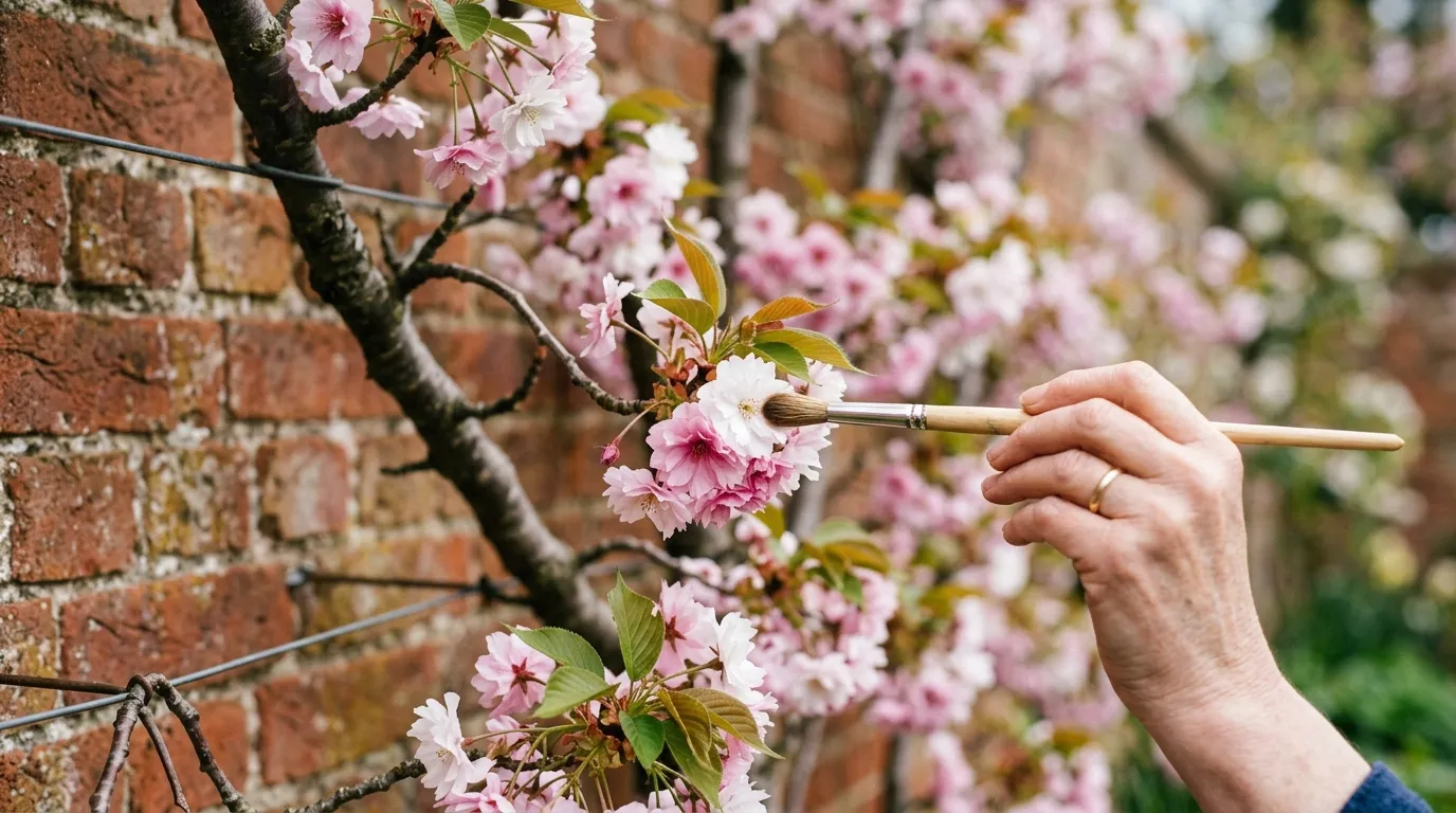 A soft natural artist's paintbrush dabbed across cherry blossom on a fan-trained tree against a UK garden brick wall