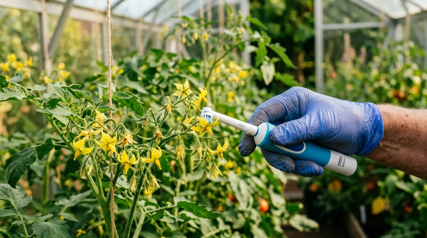 Gardener using a small vibrating tool at the back of a tomato truss to hand pollinate flowers in a UK greenhouse