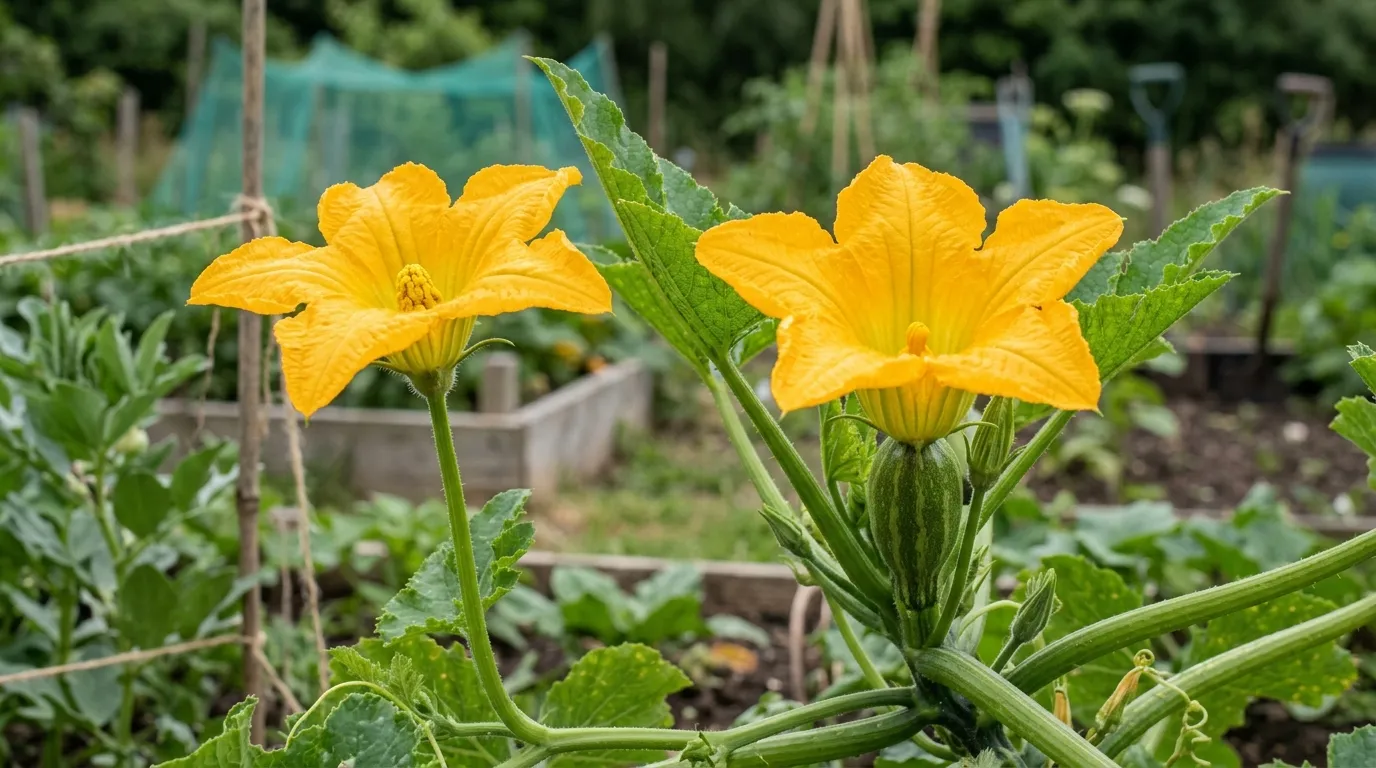 Side-by-side macro of a male courgette flower with slim stem and a female courgette flower showing the swollen ovary behind the petals