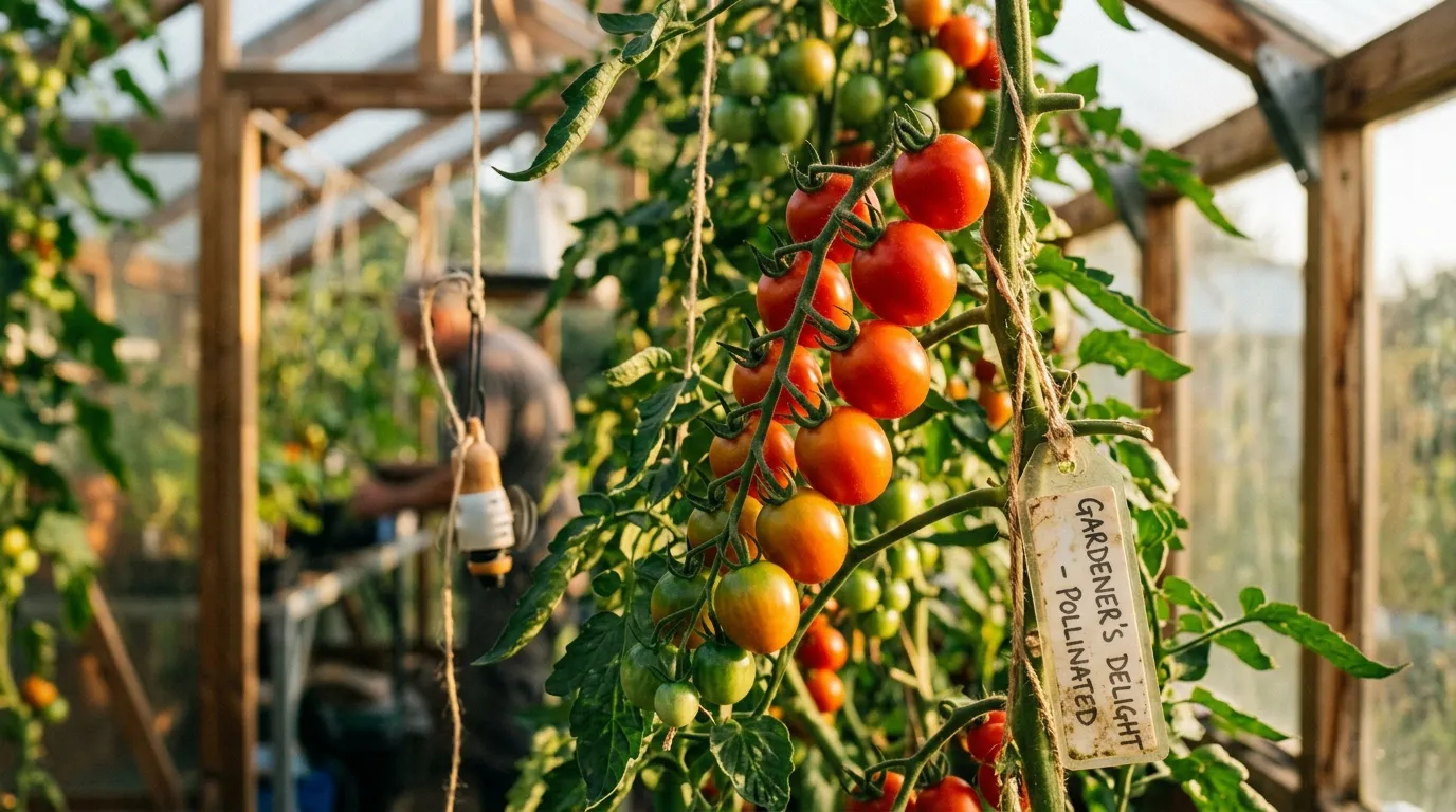 Ripening greenhouse tomatoes on the truss with successful fruit set after hand pollination