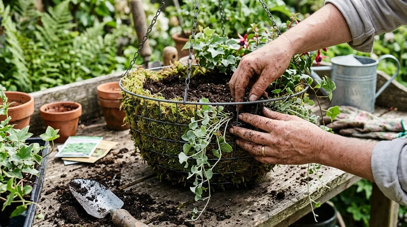 Planting a hanging basket with compost mix and trailing plants