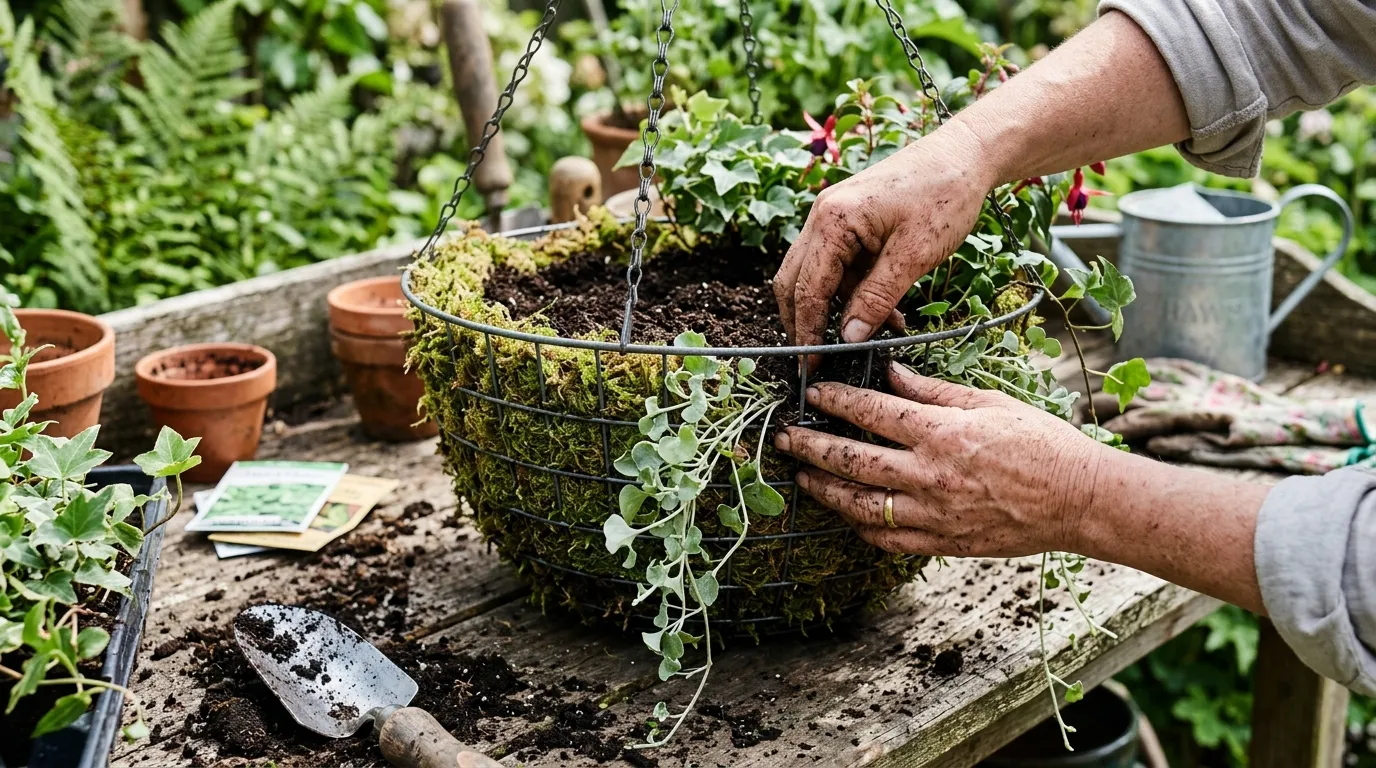Planting a hanging basket with compost mix and trailing plants
