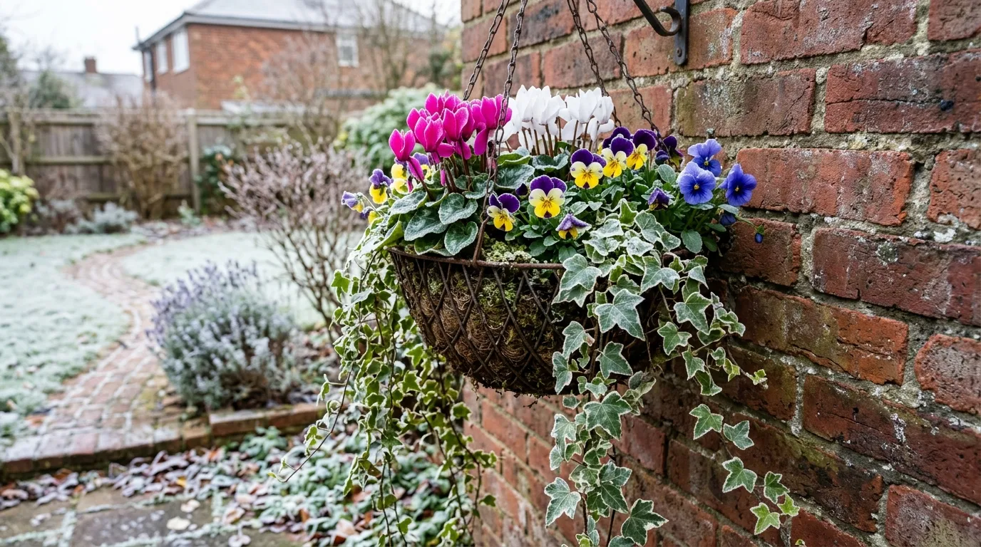 A winter hanging basket with pansies and trailing ivy