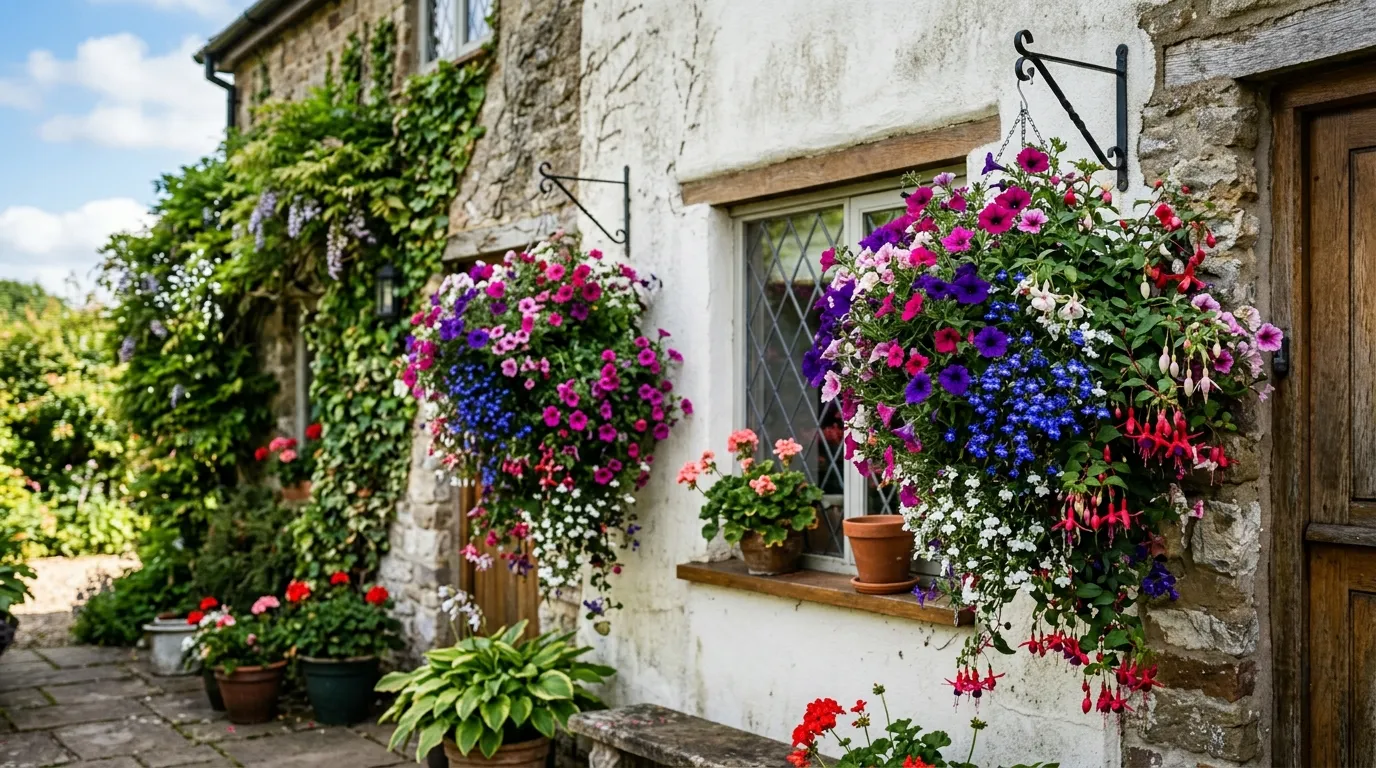 Colourful hanging baskets in full summer display on a UK cottage