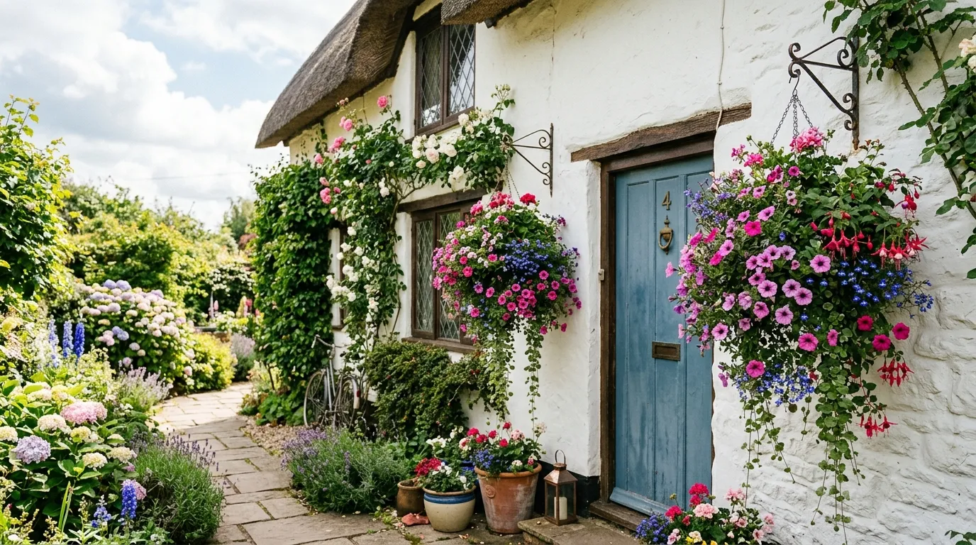 Colourful hanging baskets planted with petunias and trailing lobelia on a UK cottage