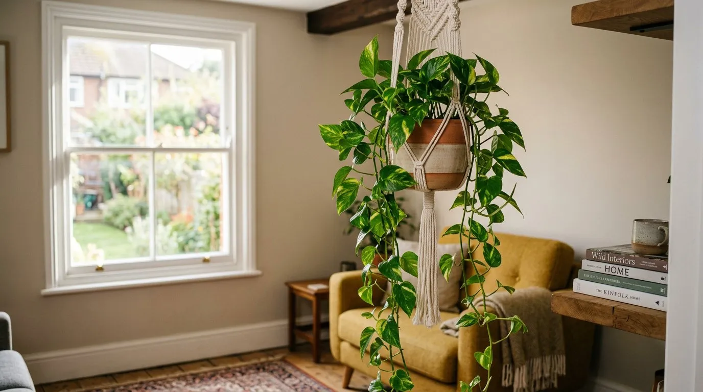 Hanging houseplant golden pothos trailing from a macrame hanger in a bright UK living room