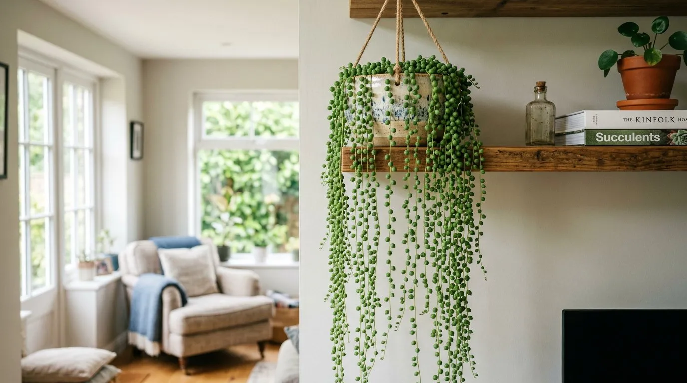 Hanging houseplant string of pearls with cascading bead-like leaves on a high shelf
