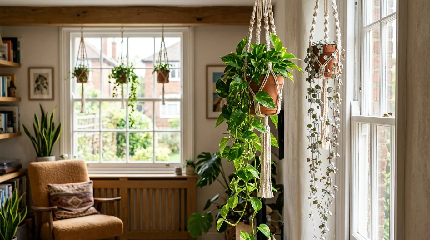 Trailing houseplants hanging from macrame holders in a bright UK living room with golden pothos and string of hearts