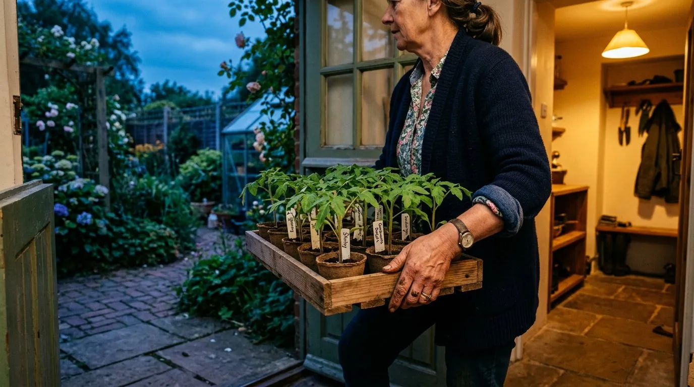 Seedling trays being carried indoors at dusk with the garden visible behind