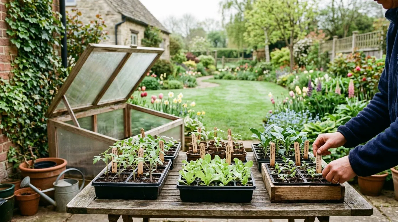 Trays of young vegetable seedlings being hardened off on a patio with a cold frame behind