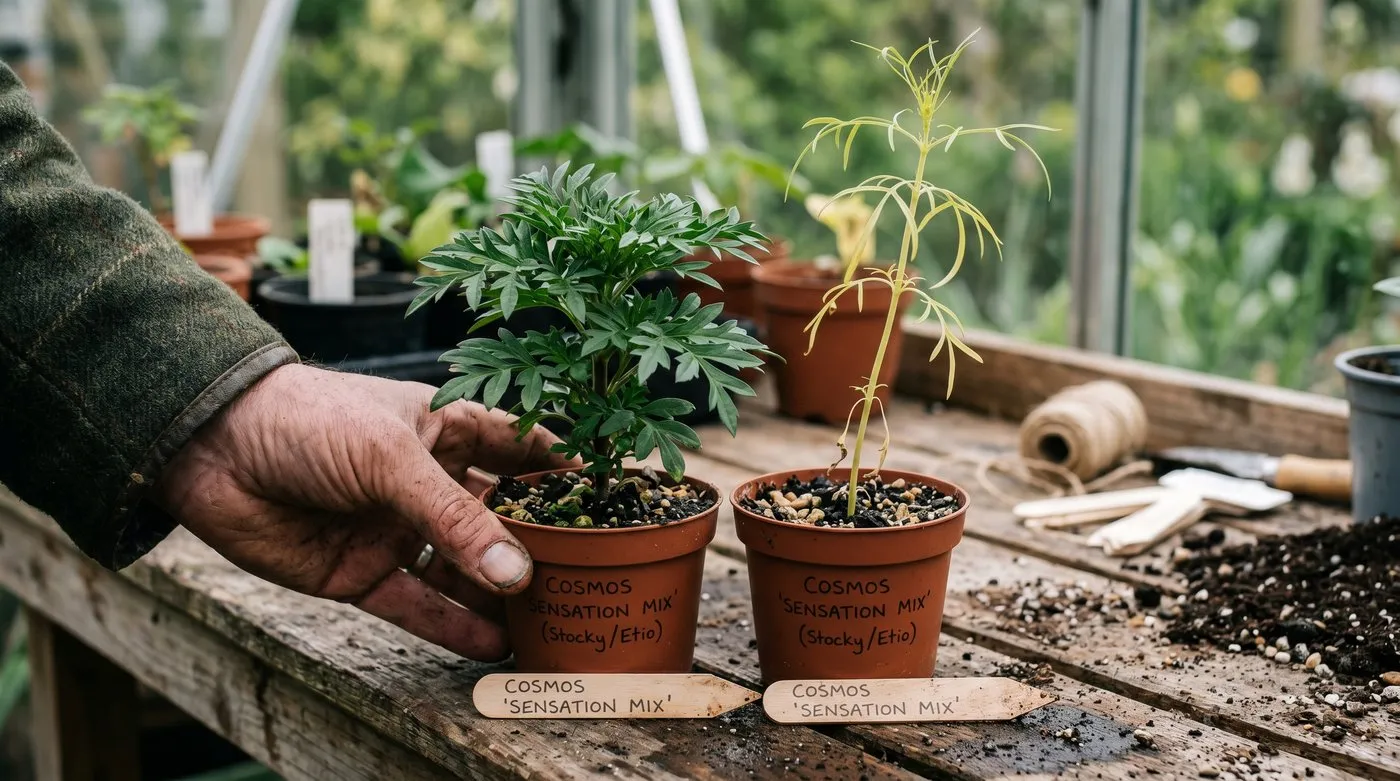 Healthy stocky cosmos seedling beside a leggy etiolated cosmos plant for comparison showing the difference between properly hardened and under-hardened bedding plants