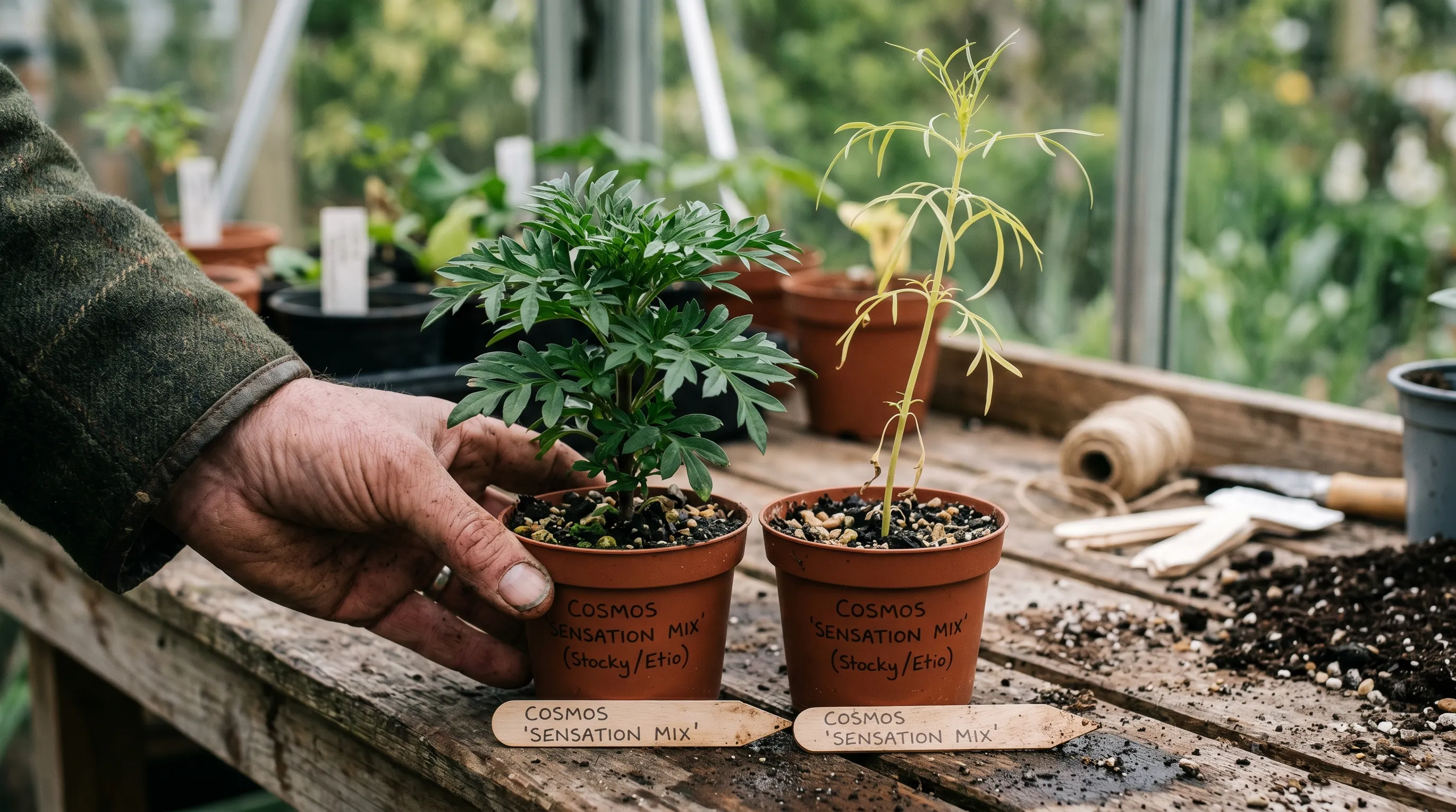 Healthy stocky cosmos seedling beside a leggy etiolated cosmos plant for comparison showing the difference between properly hardened and under-hardened bedding plants