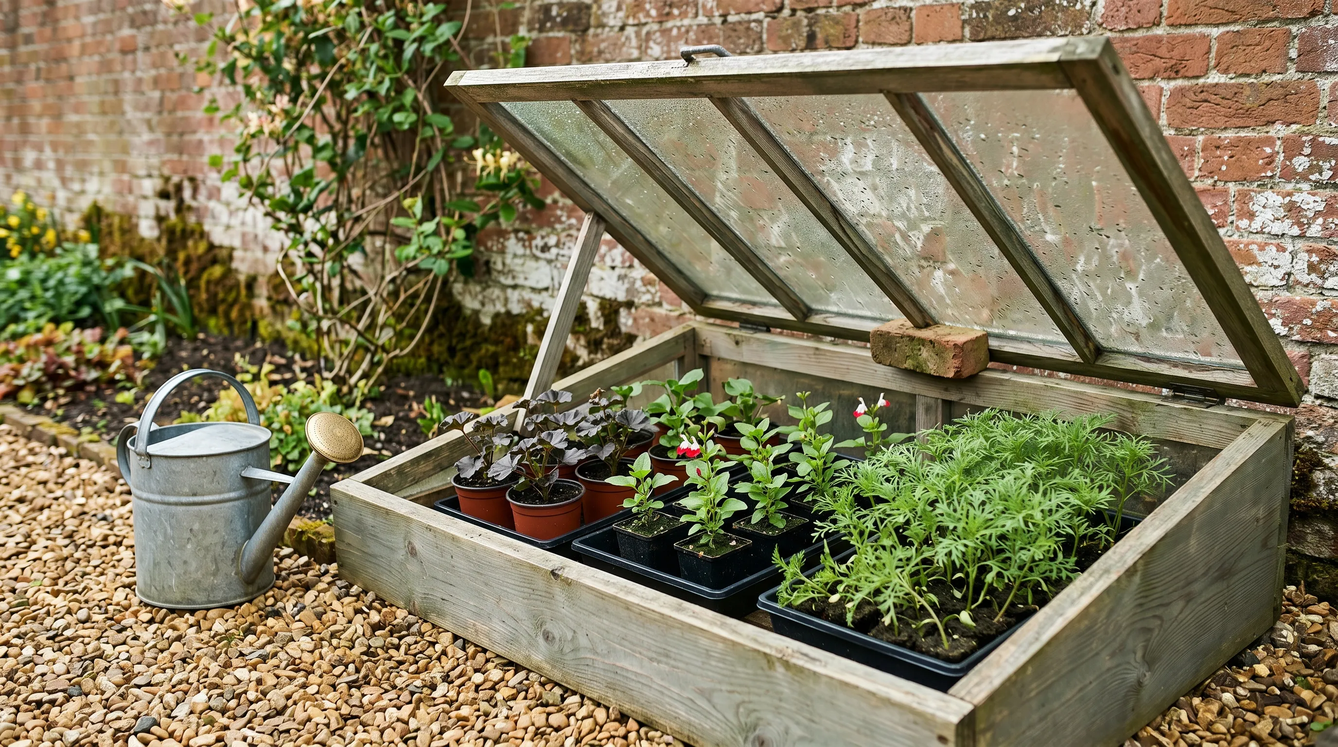 UK cold frame with lid propped open in late April containing trays of half-hardy bedding plants being hardened off