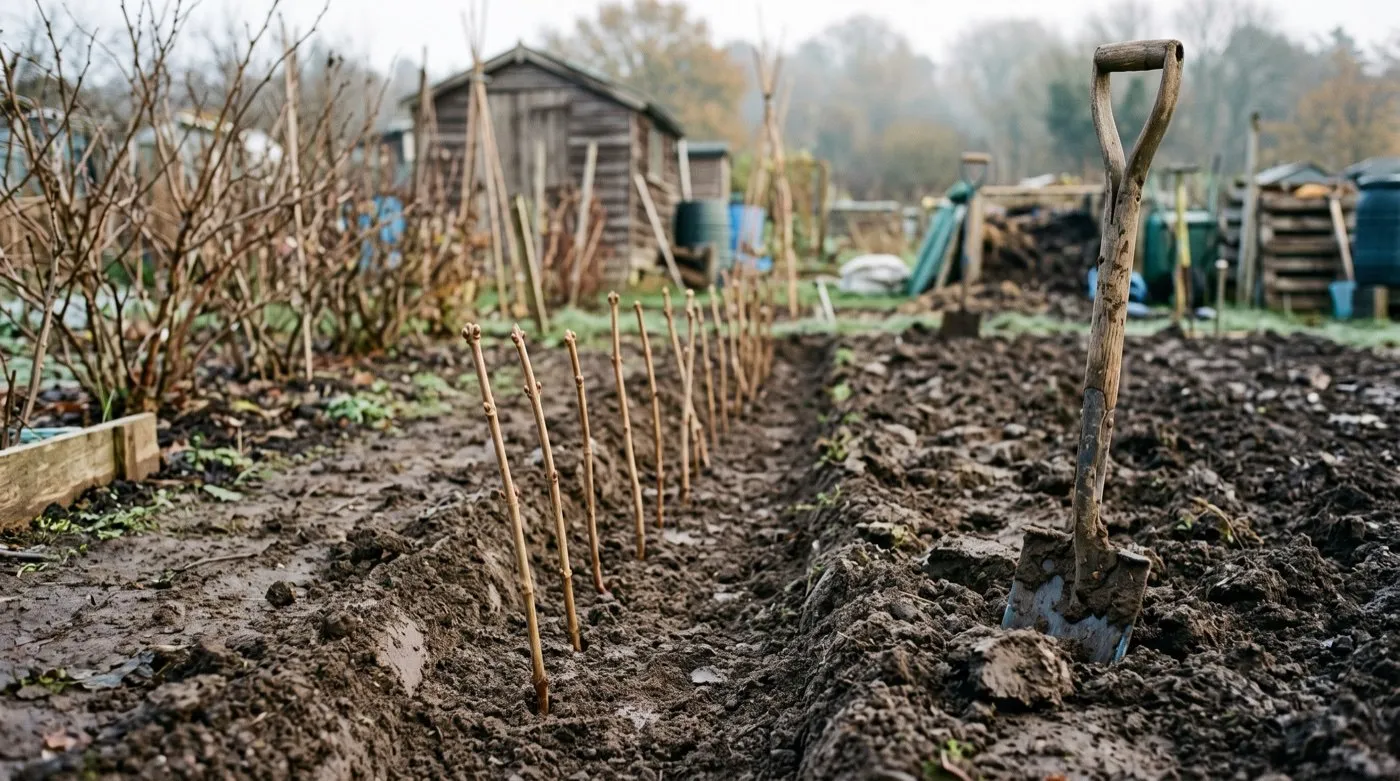 Hardwood cuttings of dogwood and blackcurrant lined out in a slit trench on a Staffordshire allotment in November