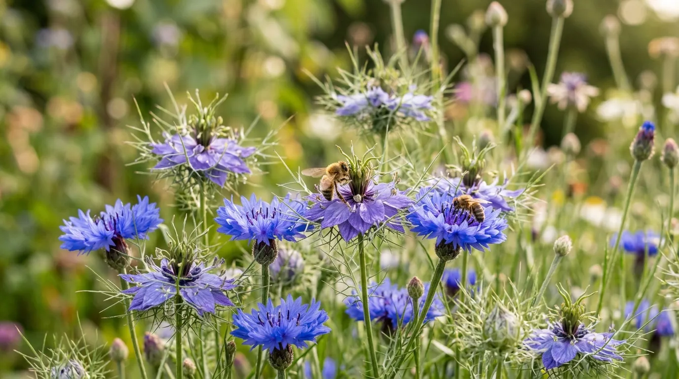 Hardy annual cornflowers and nigella growing together in a UK cottage garden border