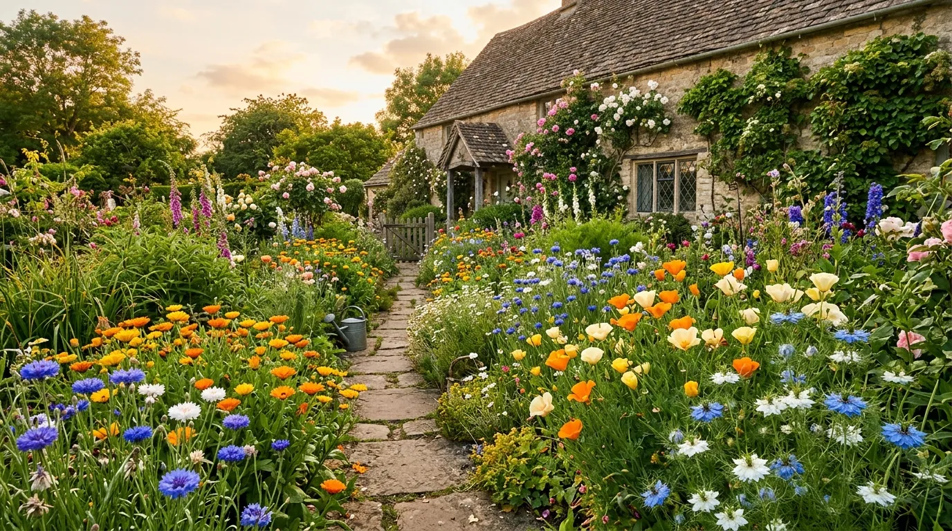 A mix of hardy annual flowers in full bloom creating a cottage garden effect in a UK garden