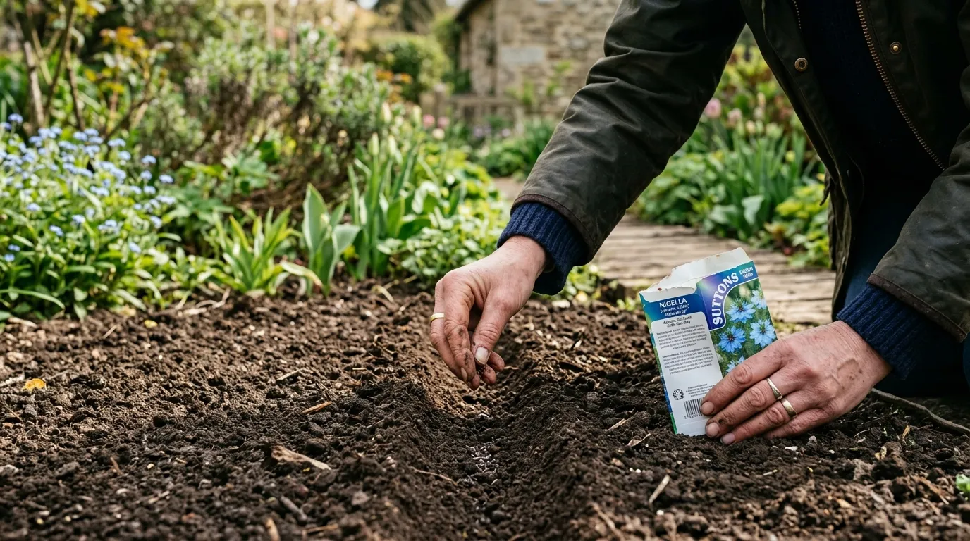 Direct sowing hardy annual flower seeds outdoors in a prepared UK garden bed