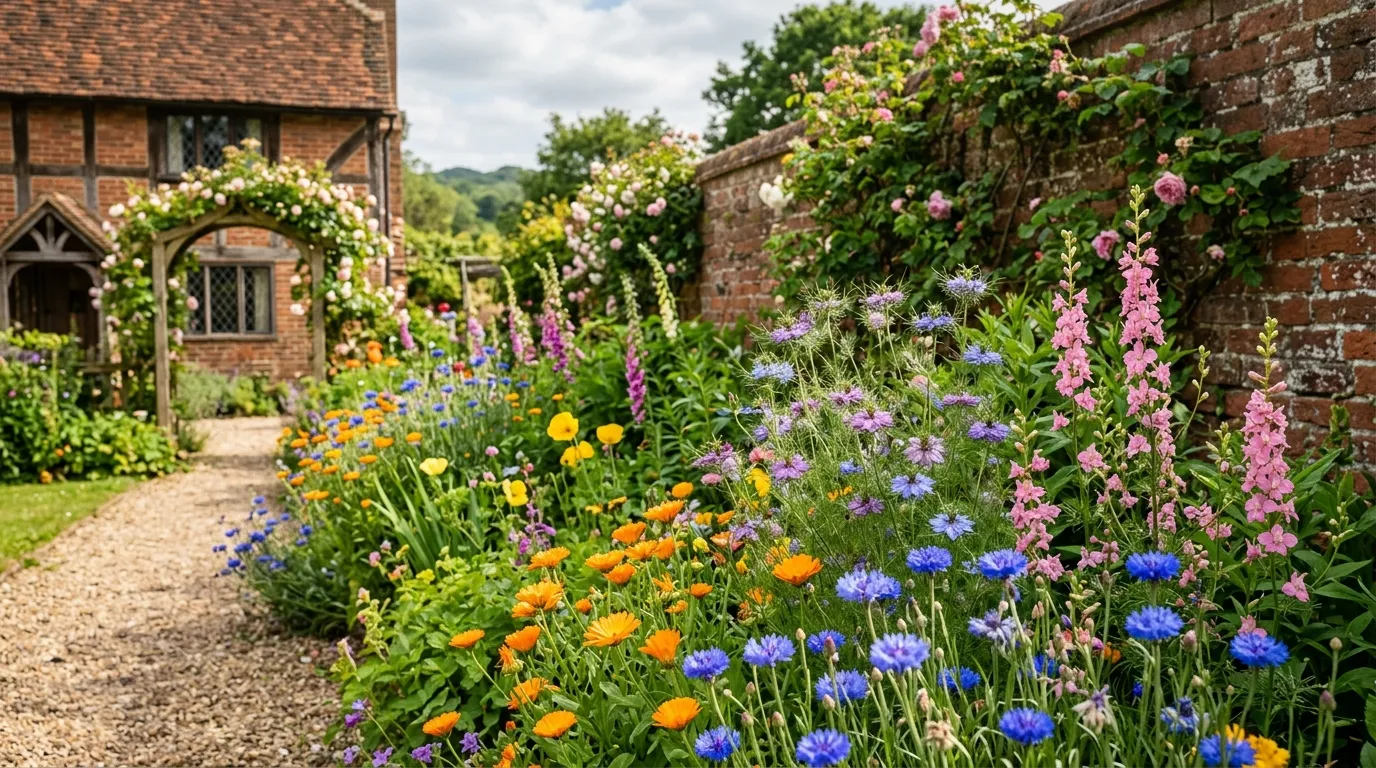 A colourful mix of hardy annual flowers including cornflowers, nigella, and calendula growing in a UK cottage garden border
